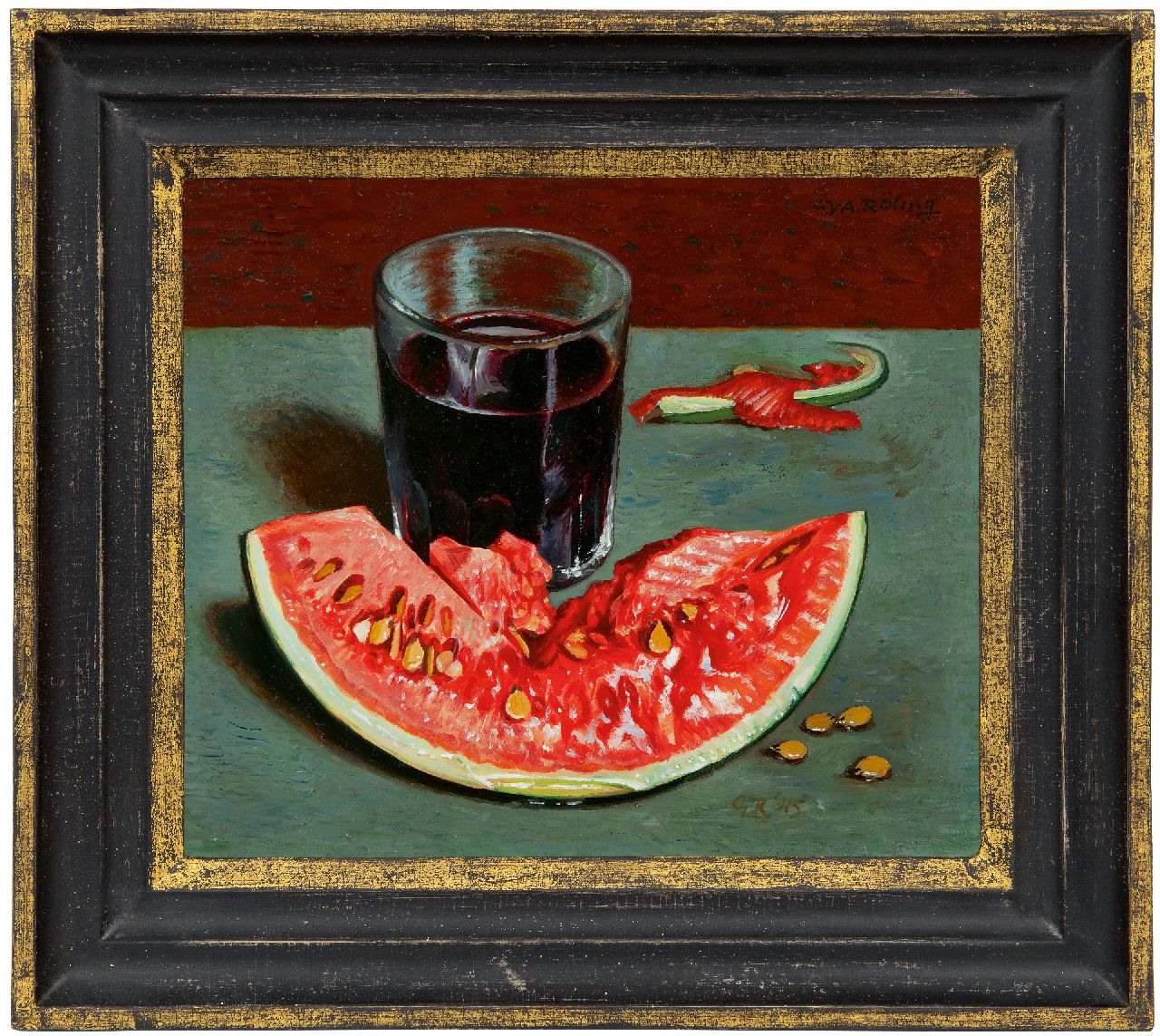 Röling G.V.A. | Gerard Victor Alphons 'Gé' Röling | Schilderijen te koop aangeboden | Stilleven met watermeloen, olieverf op board 22,7 x 26,4 cm, gesigneerd rechtsonder met initialen en gedateerd '45 Röling G.V.A. | Gerard Victor Alphons 'Gé' Röling | Schilderijen te koop aangeboden | Stilleven met watermeloen, olieverf op board 22,7 x 26,4 cm, gesigneerd rechtsonder met initialen en gedateerd '45