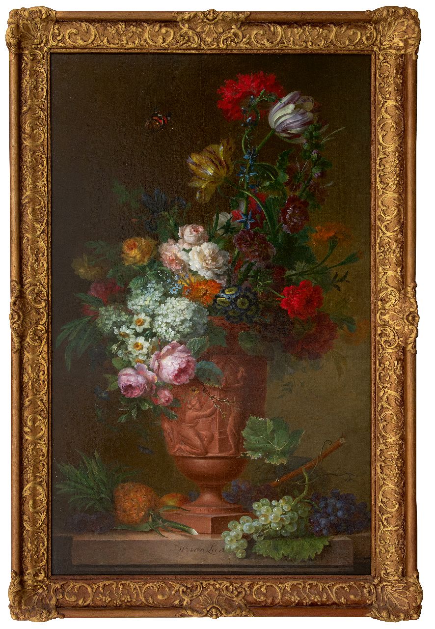 Leen W. van | Willem van Leen, Pronkstilleven met bloemen en vruchten, olieverf op doek 130,5 x 75,2 cm, gesigneerd middenonder Leen W. van | Willem van Leen, Pronkstilleven met bloemen en vruchten, olieverf op doek 130,5 x 75,2 cm, gesigneerd middenonder