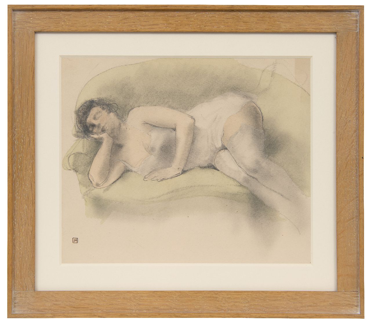Rassenfosse A.L. | André Louis 'Armand' Rassenfosse | Aquarellen en tekeningen te koop aangeboden | Naakt op canapé, krijt en aquarel op papier 19,0 x 24,0 cm, gesigneerd linksonder met kunstenaarsstempel Rassenfosse A.L. | André Louis 'Armand' Rassenfosse | Aquarellen en tekeningen te koop aangeboden | Naakt op canapé, krijt en aquarel op papier 19,0 x 24,0 cm, gesigneerd linksonder met kunstenaarsstempel