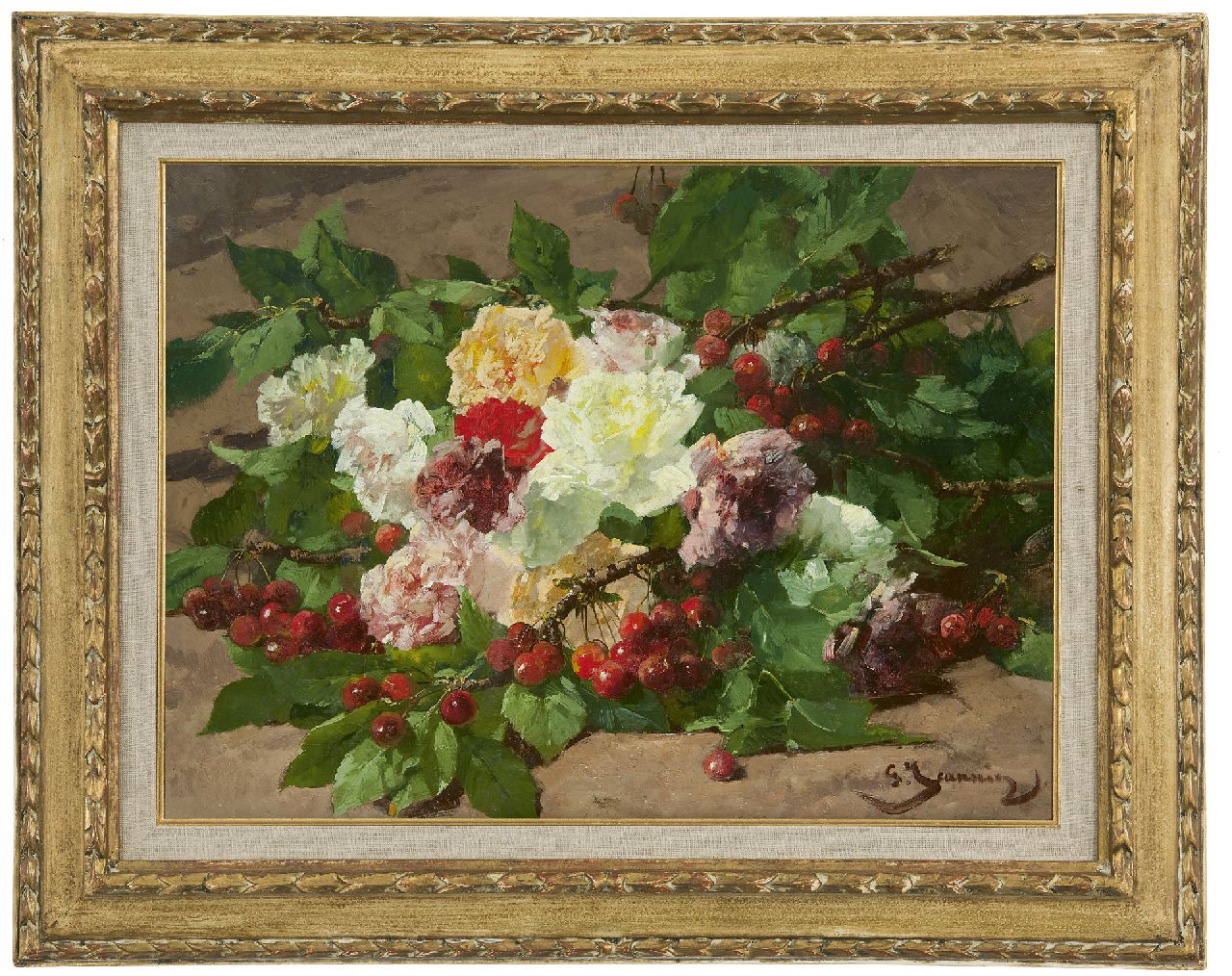 Jeannin G. | Georges Jeannin, Kersentakken en rozen op de bosgrond, olieverf op doek 41,8 x 56,7 cm, gesigneerd rechtsonder Jeannin G. | Georges Jeannin, Kersentakken en rozen op de bosgrond, olieverf op doek 41,8 x 56,7 cm, gesigneerd rechtsonder