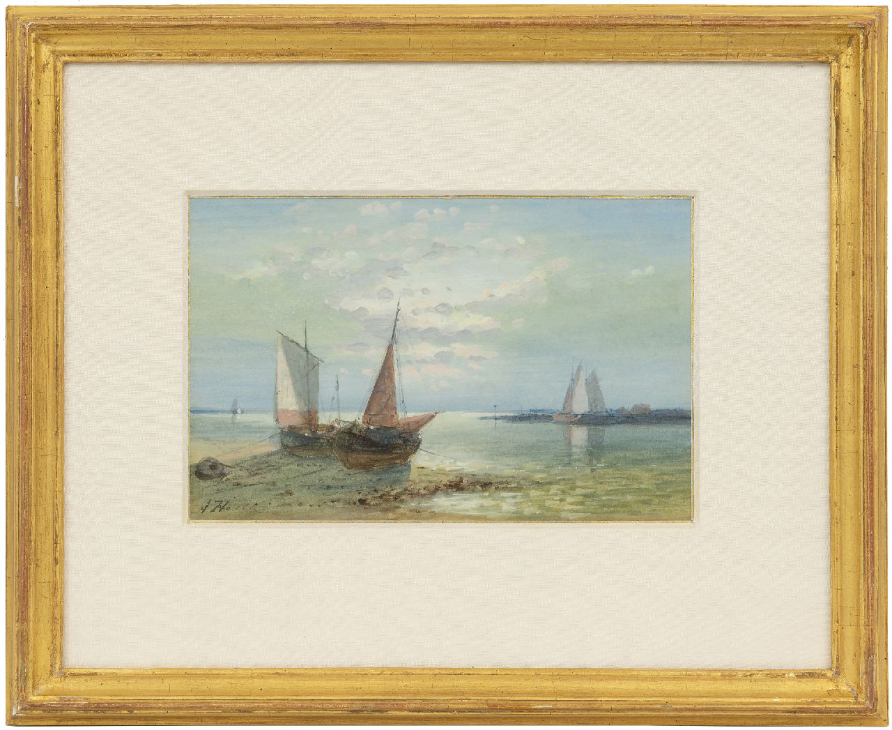 Hulk A.  | Abraham Hulk | Aquarellen en tekeningen te koop aangeboden | Schepen op het strand bij eb, aquarel op papier 12,6 x 19,9 cm, gesigneerd rechtsonder