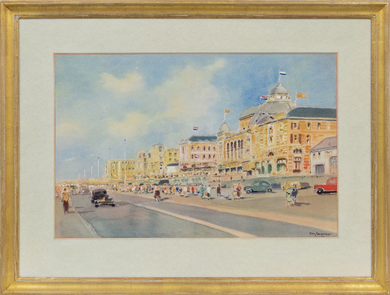 Jeveren G. van | Gerrit van Jeveren | Aquarellen en tekeningen te koop aangeboden | De boulevard van Scheveningen, aquarel op papier 35,3 x 53,7 cm, gesigneerd rechtsonder en te dateren jaren 50