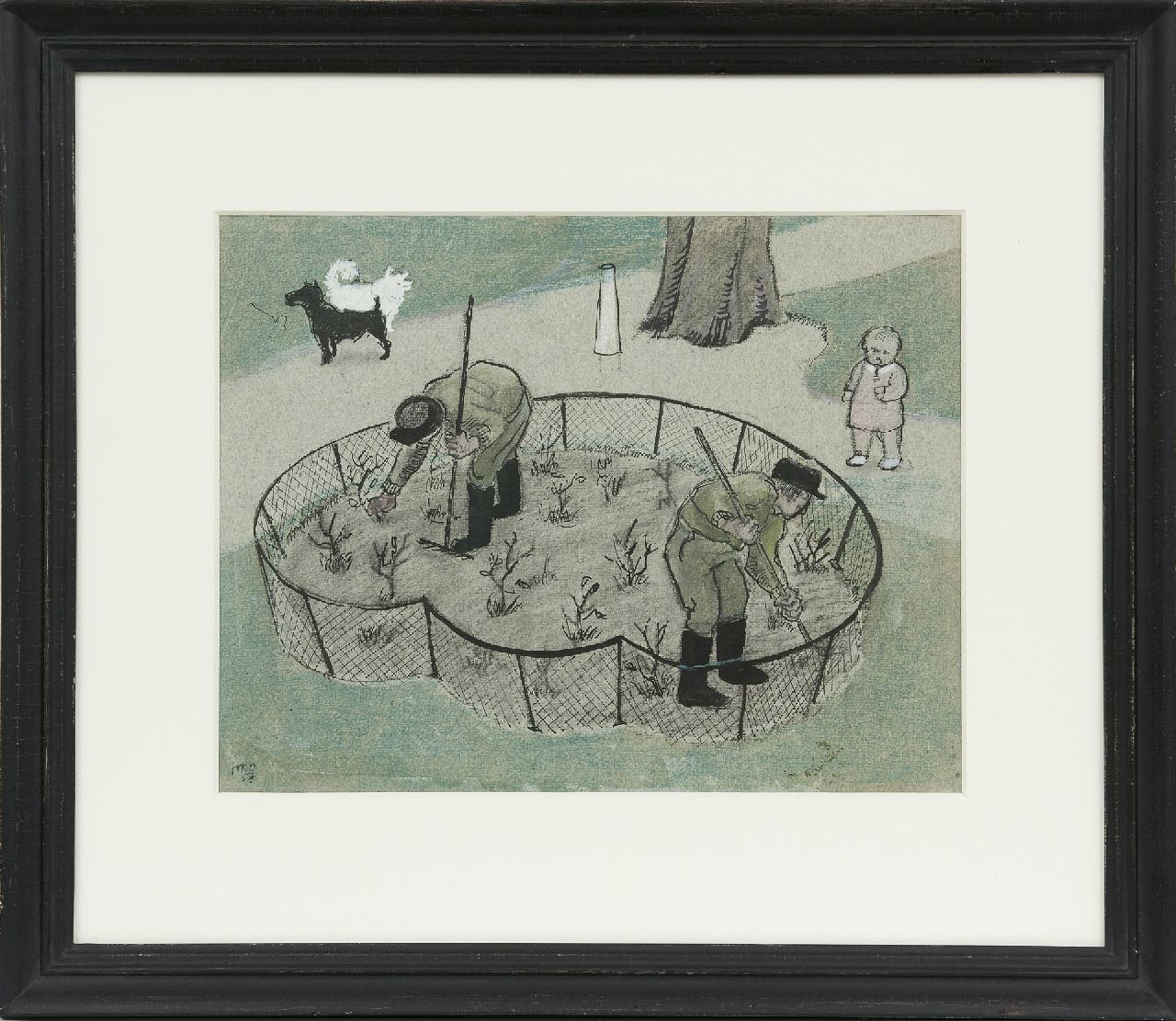 Kamerlingh Onnes H.H.  | 'Harm' Henrick Kamerlingh Onnes | Aquarellen en tekeningen te koop aangeboden | Het rozenperkje (Nieuwe Plantage, Delft), Oost-Indische inkt en krijt op papier 25,5 x 32,8 cm, gesigneerd linksonder met monogram en gedateerd '54