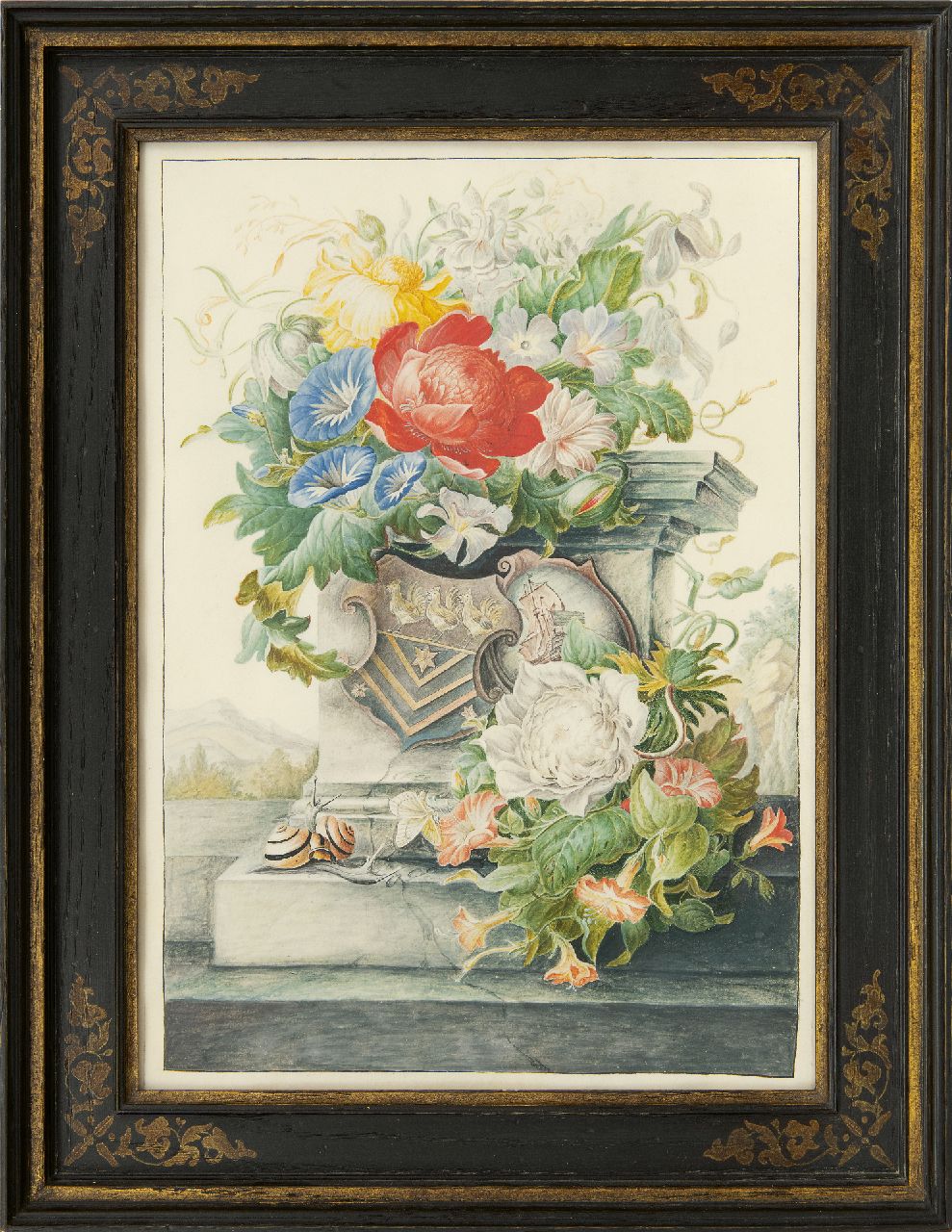 Henstenburgh H. | Herman Henstenburgh | Aquarellen en tekeningen te koop aangeboden | Bloemstilleven met stenen zuil en wapenschilden, aquarel op perkament op papier 36,6 x 25,3 cm Henstenburgh H. | Herman Henstenburgh | Aquarellen en tekeningen te koop aangeboden | Bloemstilleven met stenen zuil en wapenschilden, aquarel op perkament op papier 36,6 x 25,3 cm