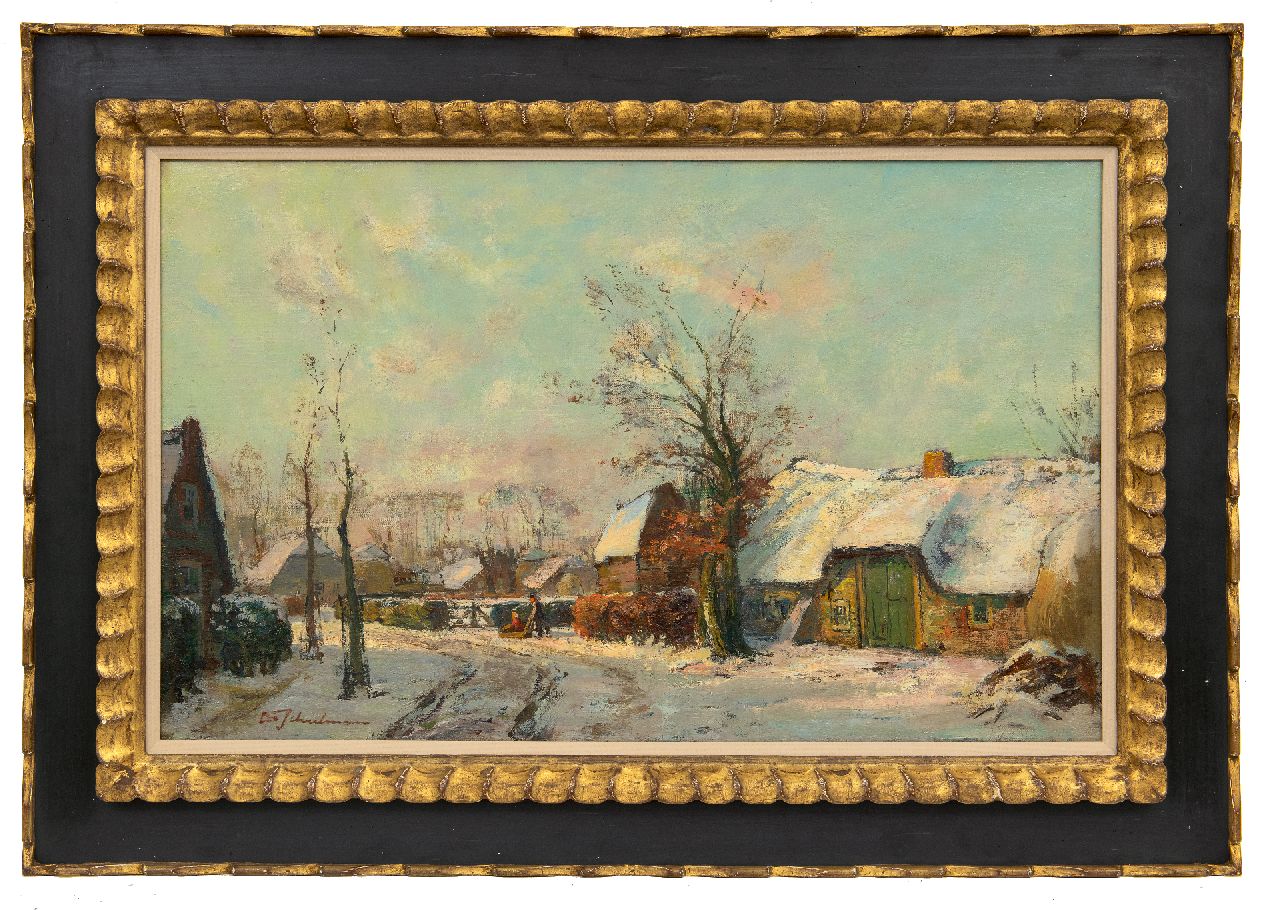 Schulman D. | David Schulman | Schilderijen te koop aangeboden | Boerenpaar in de sneeuw, Blaricum, olieverf op doek 47,3 x 75,5 cm, gesigneerd linksonder Schulman D. | David Schulman | Schilderijen te koop aangeboden | Boerenpaar in de sneeuw, Blaricum, olieverf op doek 47,3 x 75,5 cm, gesigneerd linksonder