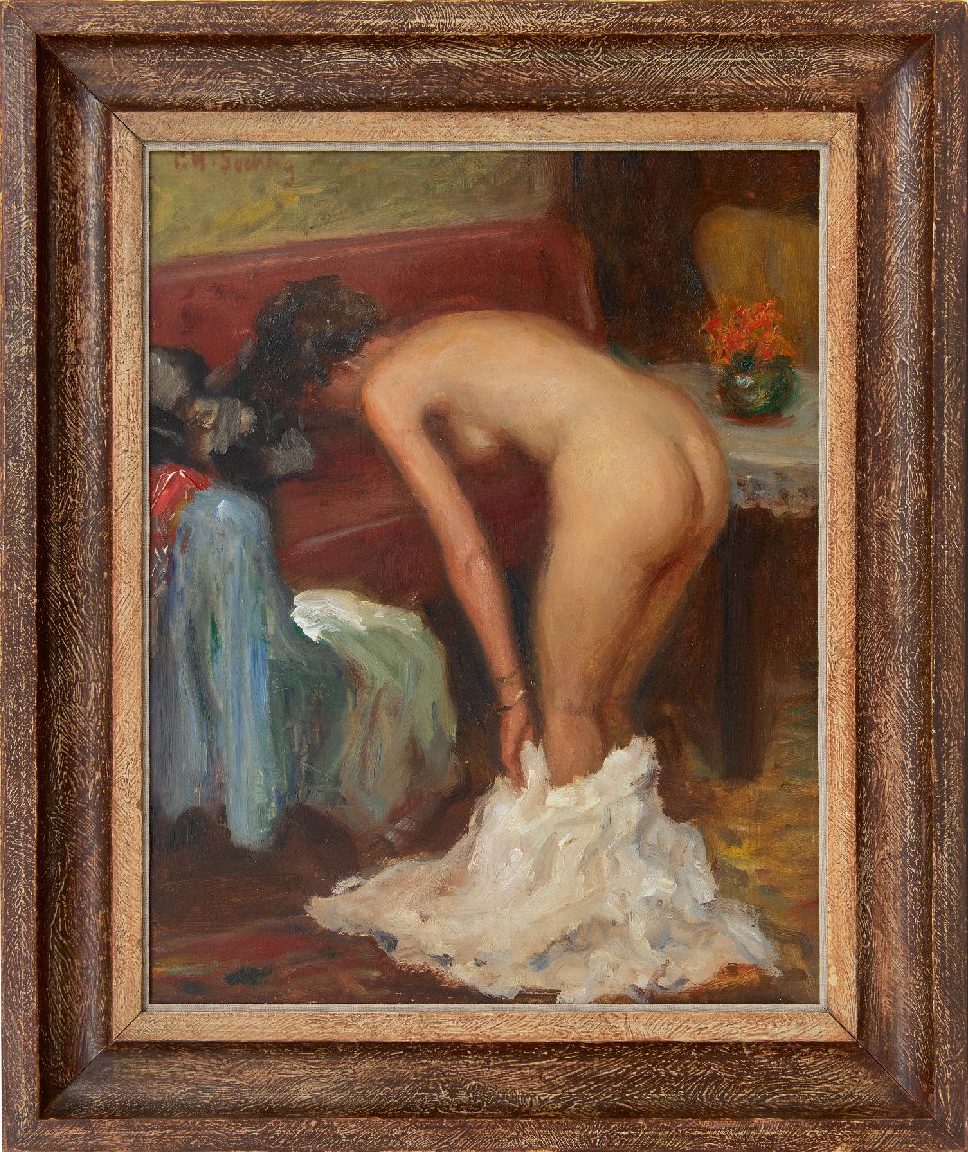 Söchtig P.W.  | Paul Werner Söchtig | Schilderijen te koop aangeboden | Naakt in een boudoir, olieverf op board 50,3 x 40,1 cm, gesigneerd linksboven