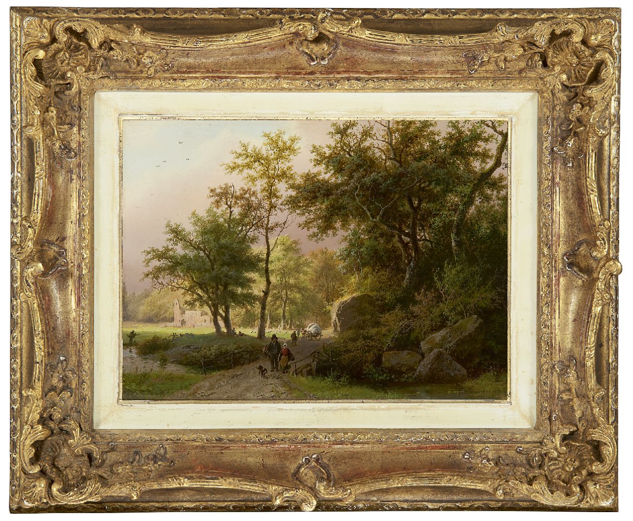 Koekkoek B.C. | Barend Cornelis Koekkoek, Landvolk op een bospad bij een ruïne, olieverf op paneel 17,7 x 24,4 cm, gesigneerd middenonder en gedateerd 1849 Koekkoek B.C. | Barend Cornelis Koekkoek, Landvolk op een bospad bij een ruïne, olieverf op paneel 17,7 x 24,4 cm, gesigneerd middenonder en gedateerd 1849
