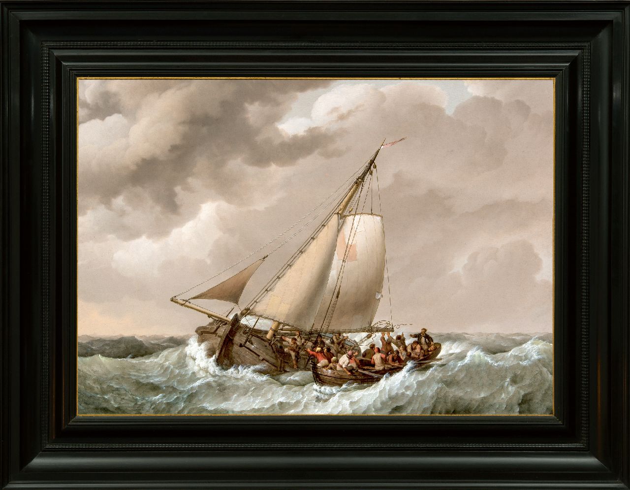 Koekkoek J.H. | Johannes Hermanus Koekkoek, Redding van schipbreukelingen op open zee, olieverf op paneel 49,1 x 69,9 cm, gesigneerd middenonder op roeiboot en gedateerd 1820 Koekkoek J.H. | Johannes Hermanus Koekkoek, Redding van schipbreukelingen op open zee, olieverf op paneel 49,1 x 69,9 cm, gesigneerd middenonder op roeiboot en gedateerd 1820