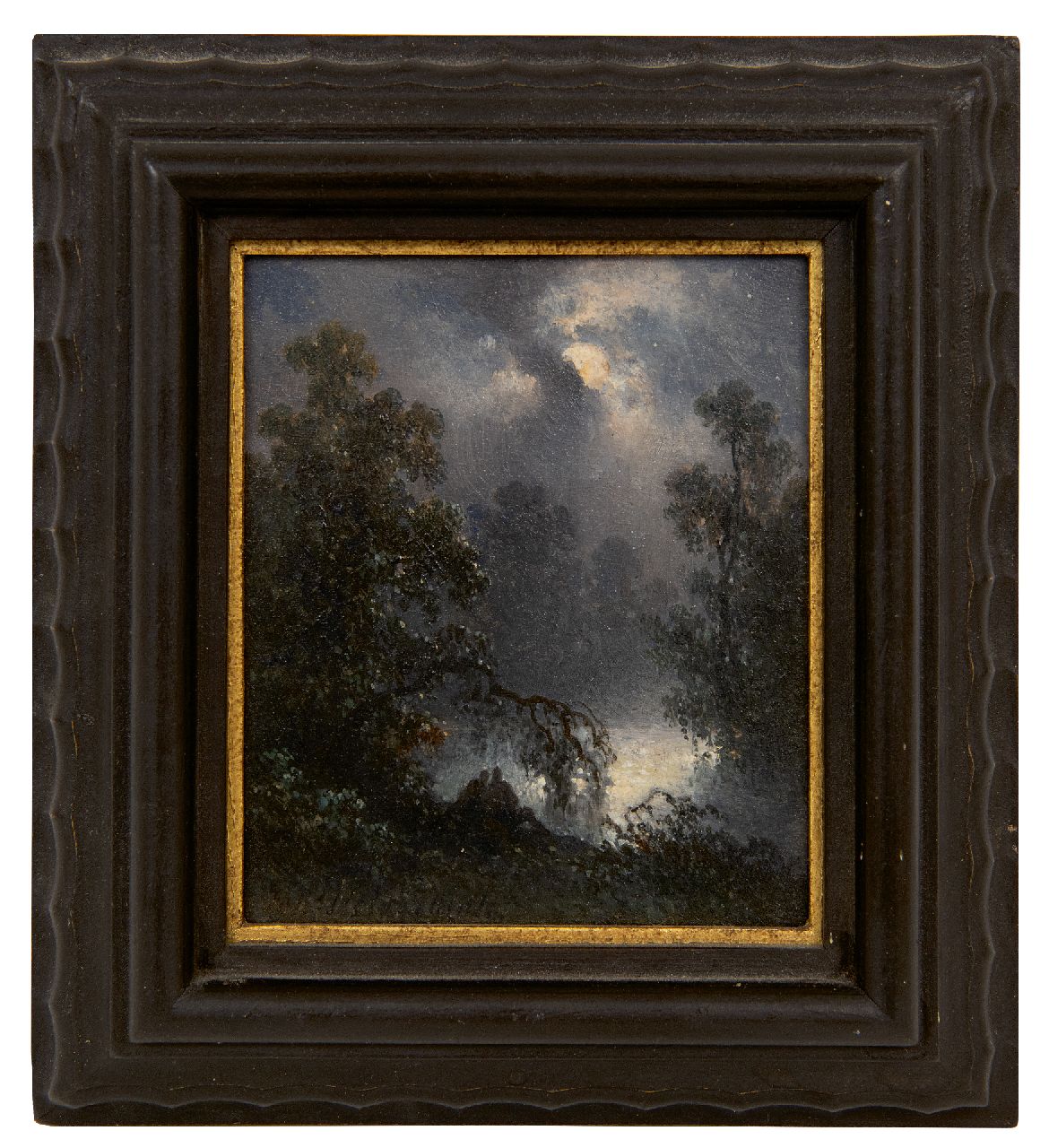 Hilverdink J. | Johannes Hilverdink | Schilderijen te koop aangeboden | Bosvijver met verliefd paar bij maanlicht, olieverf op paneel 10,8 x 9,1 cm, gesigneerd linksonder Hilverdink J. | Johannes Hilverdink | Schilderijen te koop aangeboden | Bosvijver met verliefd paar bij maanlicht, olieverf op paneel 10,8 x 9,1 cm, gesigneerd linksonder