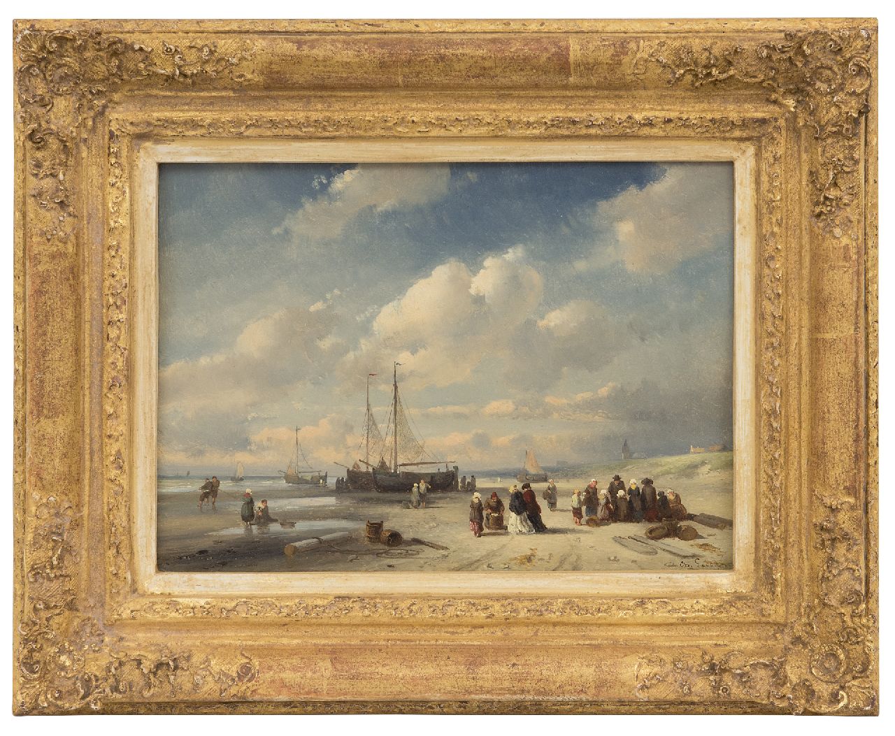 Leickert C.H.J.  | 'Charles' Henri Joseph Leickert | Schilderijen te koop aangeboden | Visafslag op het strand van Scheveningen, olieverf op paneel 19,2 x 27,0 cm, gesigneerd rechtsonder en te dateren eind jaren 50