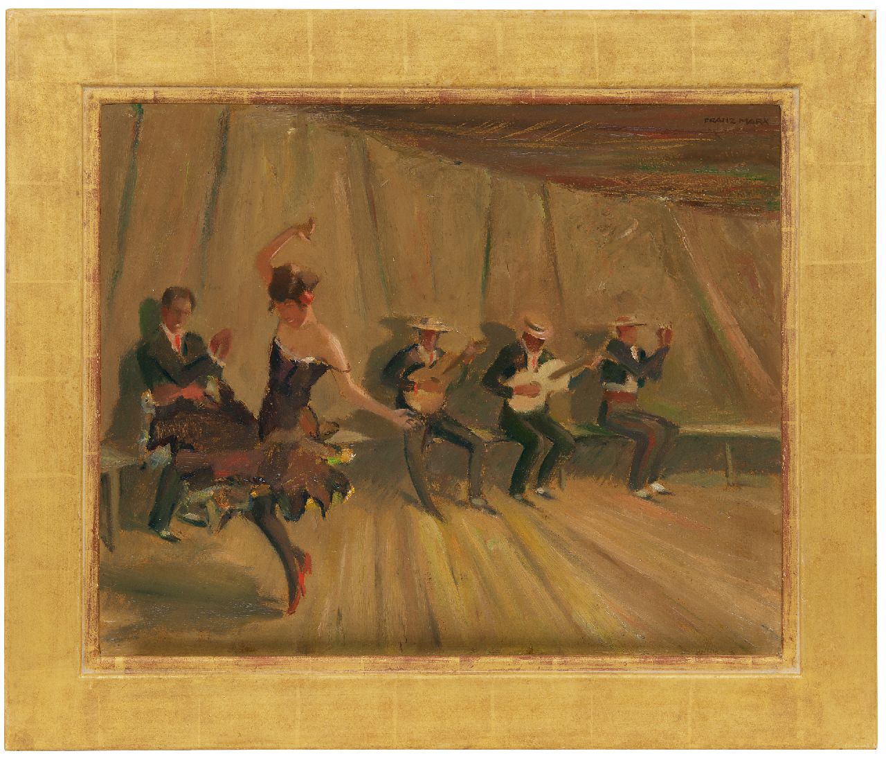 Marx F. | Franz Marx | Schilderijen te koop aangeboden | Flamencodanseres en muzikanten, olieverf op board 44,5 x 54,8 cm, gesigneerd rechtsboven Marx F. | Franz Marx | Schilderijen te koop aangeboden | Flamencodanseres en muzikanten, olieverf op board 44,5 x 54,8 cm, gesigneerd rechtsboven