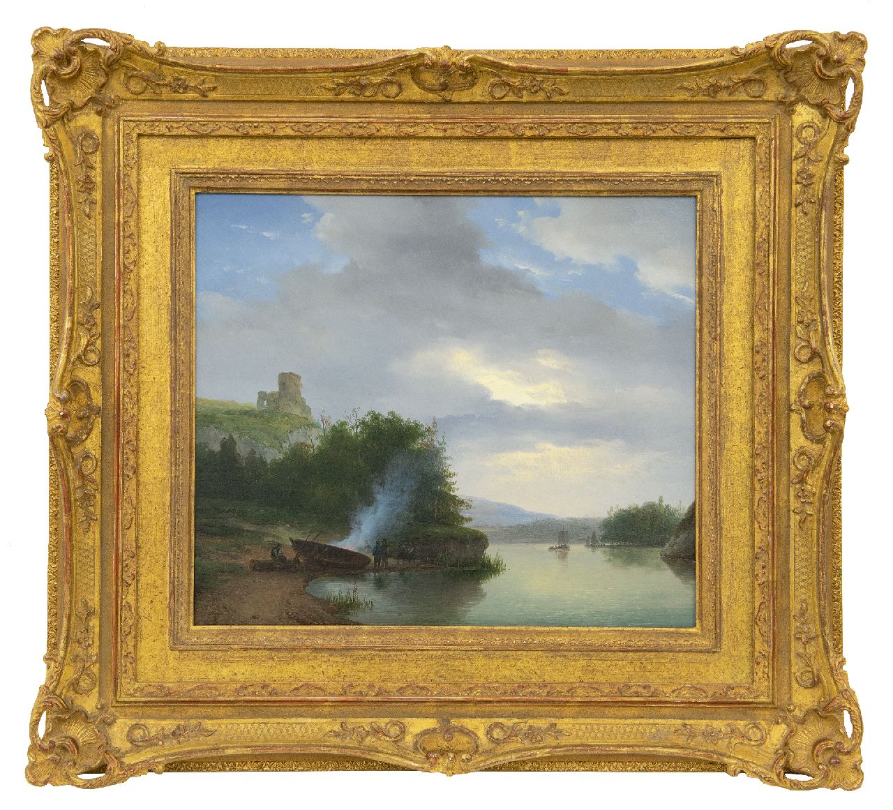 Schelfhout A.  | Andreas Schelfhout, Heuvelachtig rivierlandschap met burchtruïne, olieverf op paneel 32,9 x 38,2 cm, gesigneerd linksonder en te dateren midden jaren '20