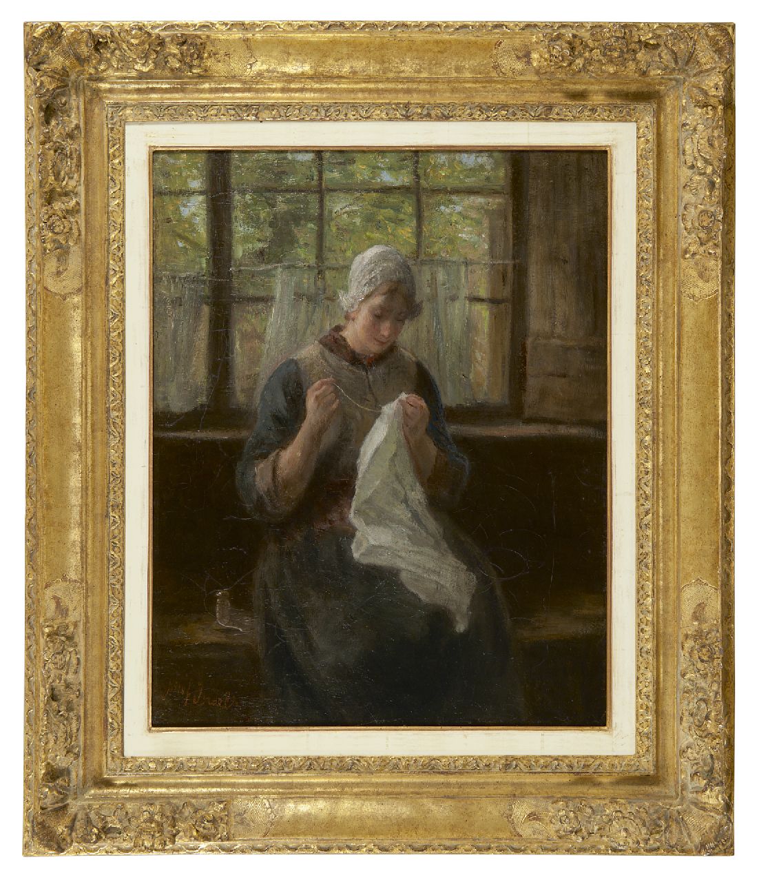 Israëls J. | Jozef Israëls, Handwerken bij het raam, olieverf op doek 56,6 x 45,3 cm, gesigneerd linksonder Israëls J. | Jozef Israëls, Handwerken bij het raam, olieverf op doek 56,6 x 45,3 cm, gesigneerd linksonder