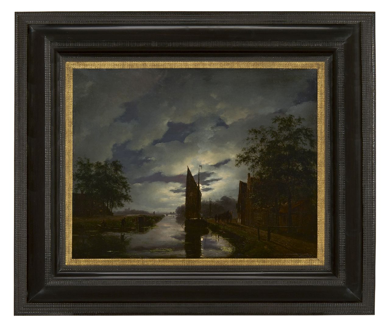 Schelfhout A. | Andreas Schelfhout, Maanverlicht landschap met roeiboot en afgemeerde zeilschepen, olieverf op paneel 38,2 x 49,3 cm, gesigneerd rechtsonder en te dateren ca. 1822 Schelfhout A. | Andreas Schelfhout, Maanverlicht landschap met roeiboot en afgemeerde zeilschepen, olieverf op paneel 38,2 x 49,3 cm, gesigneerd rechtsonder en te dateren ca. 1822
