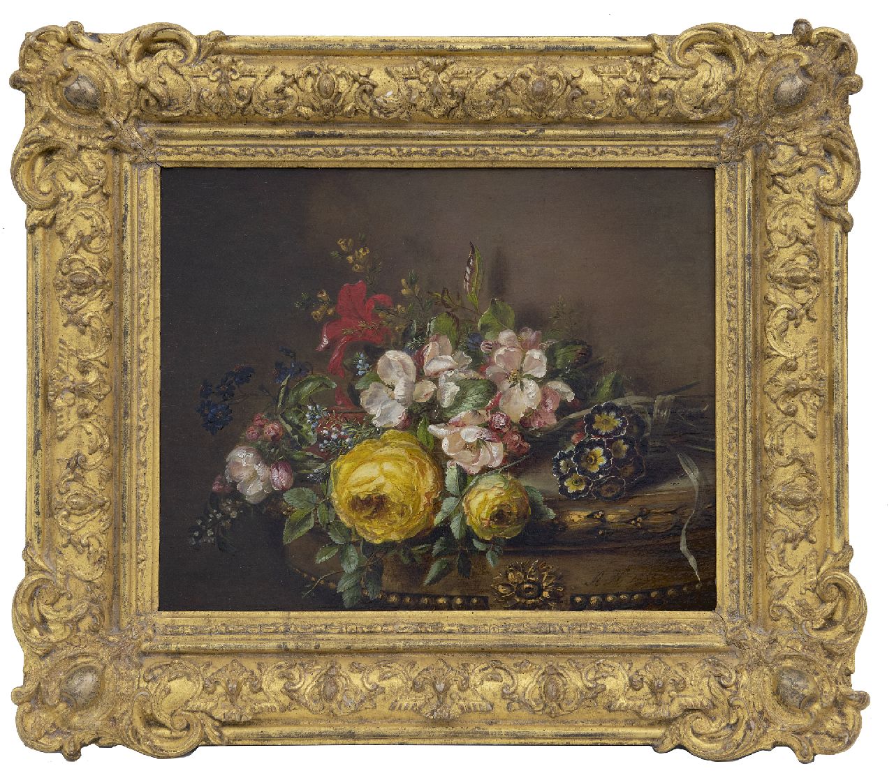 Haanen A.J. | 'Adriana' Johanna Haanen, Gemengd boeket op een tafel, olieverf op paneel 26,5 x 33,2 cm, gesigneerd rechtsonder en gedateerd 1850 Haanen A.J. | 'Adriana' Johanna Haanen, Gemengd boeket op een tafel, olieverf op paneel 26,5 x 33,2 cm, gesigneerd rechtsonder en gedateerd 1850