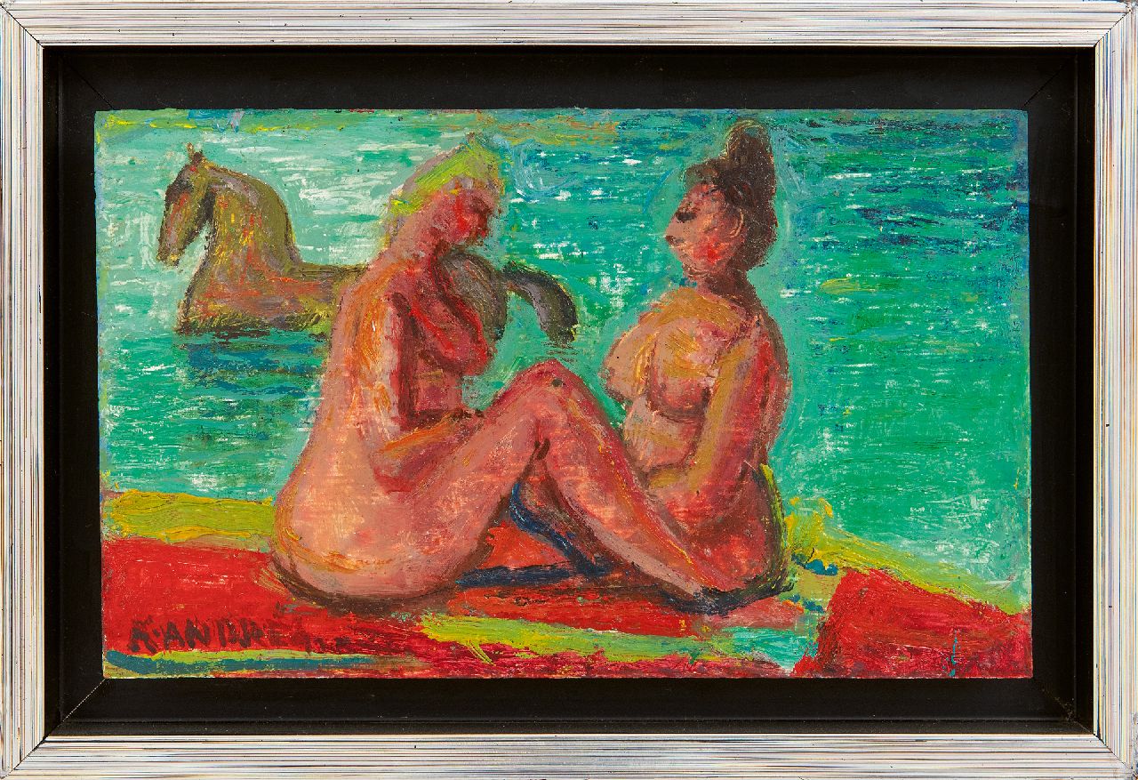 Andréa C. | Cornelis 'Kees' Andréa, Twee baadsters, olieverf op paneel 11,0 x 18,2 cm, gesigneerd linksonder Andréa C. | Cornelis 'Kees' Andréa, Twee baadsters, olieverf op paneel 11,0 x 18,2 cm, gesigneerd linksonder
