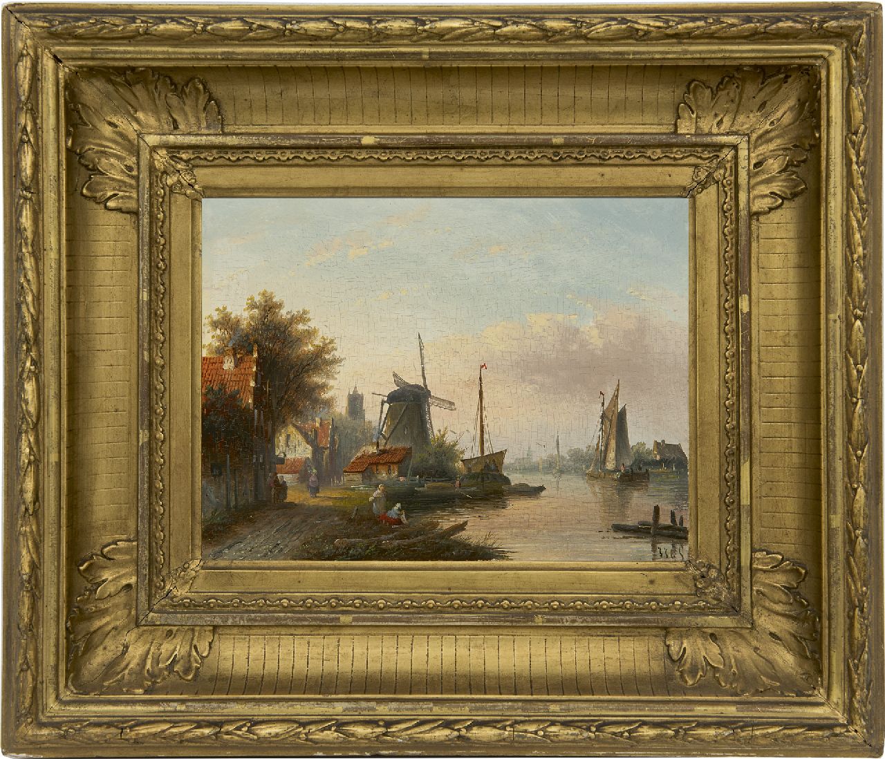 Spohler J.J.C. | Jacob Jan Coenraad Spohler, Zomers riviergezicht met schepen en wasvrouwen (* alleen tezamen met winters pendant), olieverf op paneel 16,0 x 21,1 cm, gesigneerd rechtsonder met initialen Spohler J.J.C. | Jacob Jan Coenraad Spohler, Zomers riviergezicht met schepen en wasvrouwen (* alleen tezamen met winters pendant), olieverf op paneel 16,0 x 21,1 cm, gesigneerd rechtsonder met initialen