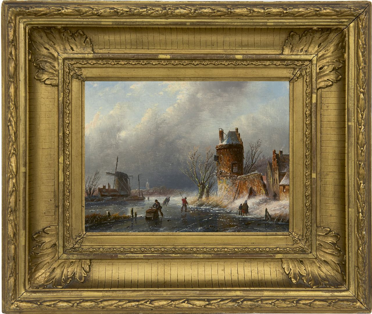 Spohler J.J.C. | Jacob Jan Coenraad Spohler, Winterlandschap met schaatsers en ijsvisser (* alleen tezamen met zomers pendant), olieverf op paneel 15,6 x 21,1 cm, gesigneerd rechtsonder met initialen Spohler J.J.C. | Jacob Jan Coenraad Spohler, Winterlandschap met schaatsers en ijsvisser (* alleen tezamen met zomers pendant), olieverf op paneel 15,6 x 21,1 cm, gesigneerd rechtsonder met initialen