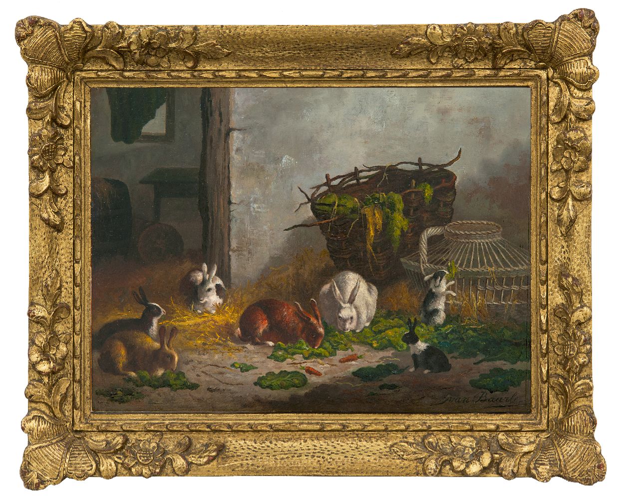 Baarle N. van | Nicolaas 'Nico' van Baarle, Voedertijd in de konijnenstal, olieverf op paneel 27,0 x 36,3 cm, gesigneerd rechtsonder