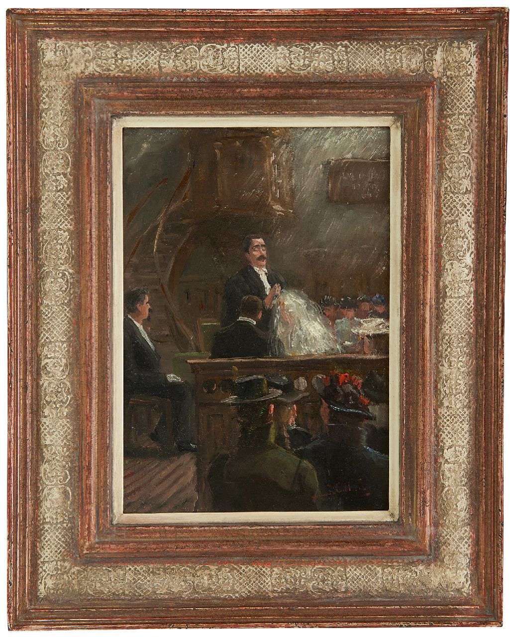 Larij J.C.M. | 'Johanna' Catherina Maria Larij | Schilderijen te koop aangeboden | De huwelijksinzegening, olieverf op paneel 31,3 x 22,0 cm, gesigneerd rechtsonder met initialen Larij J.C.M. | 'Johanna' Catherina Maria Larij | Schilderijen te koop aangeboden | De huwelijksinzegening, olieverf op paneel 31,3 x 22,0 cm, gesigneerd rechtsonder met initialen