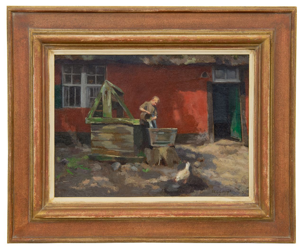Gijswijt A.C.  | Agnieta Cornelia Gijswijt, Boerenmeid bij de rode hoeve te Genk, olieverf op doek 28,3 x 38,6 cm, gesigneerd rechtsonder