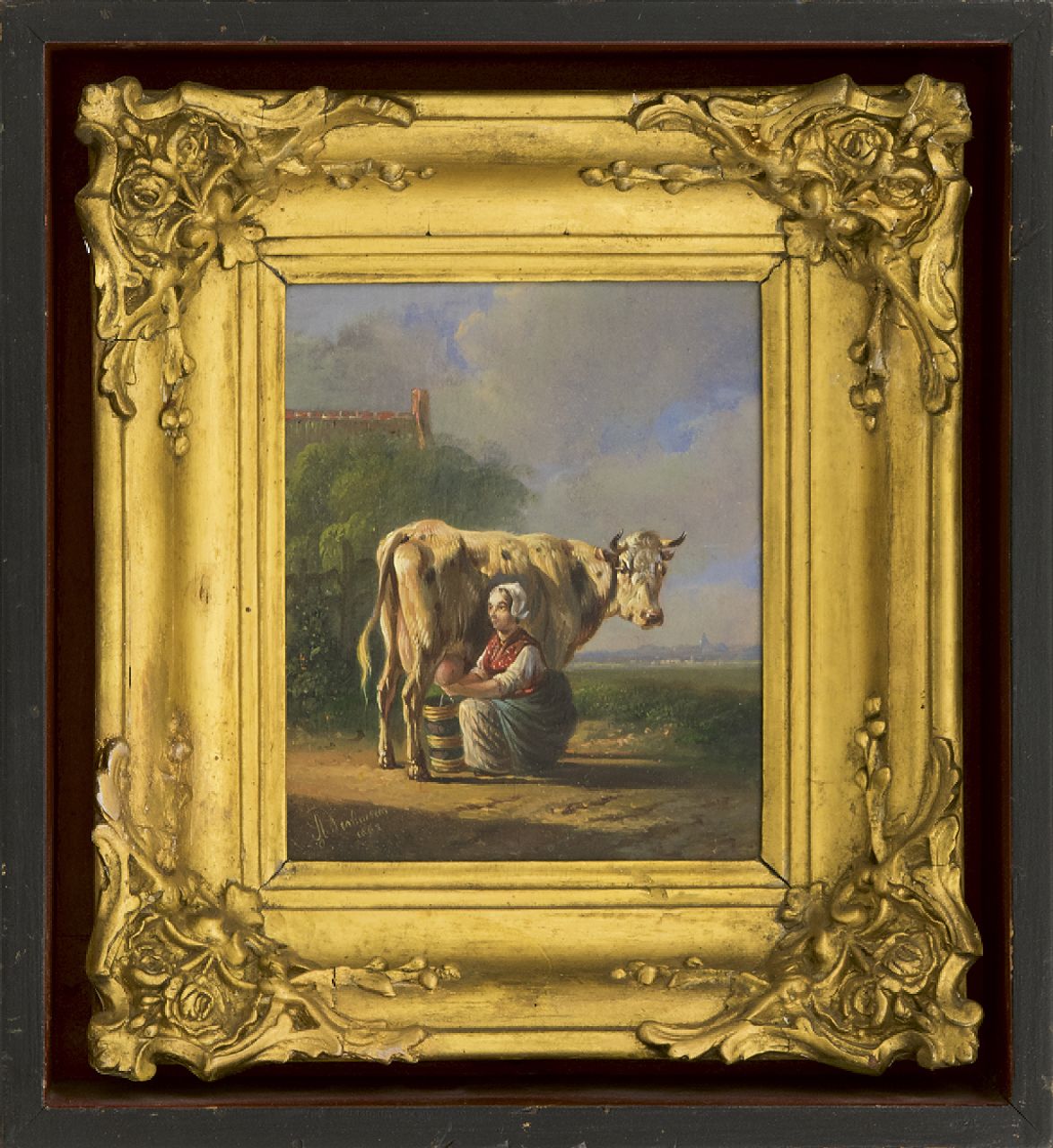 Verhoesen A. | Albertus Verhoesen, Melkster, olieverf op paneel 12,5 x 10,4 cm, gesigneerd linksonder en gedateerd 1863 Verhoesen A. | Albertus Verhoesen, Melkster, olieverf op paneel 12,5 x 10,4 cm, gesigneerd linksonder en gedateerd 1863