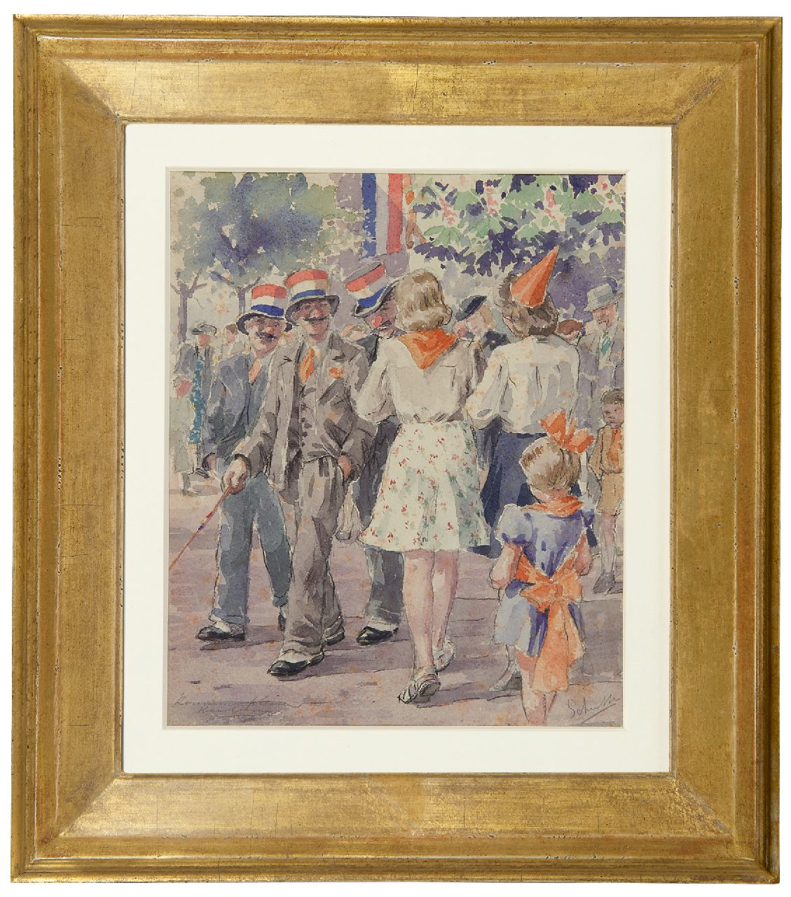 Schutte L.H.H.  | 'Louis' Hermanus Hendrikus Schutte | Aquarellen en tekeningen te koop aangeboden | Koninginnedag op het Kennemerplein in Haarlem, krijt en aquarel op papier 25,4 x 20,9 cm, gesigneerd rechtsonder