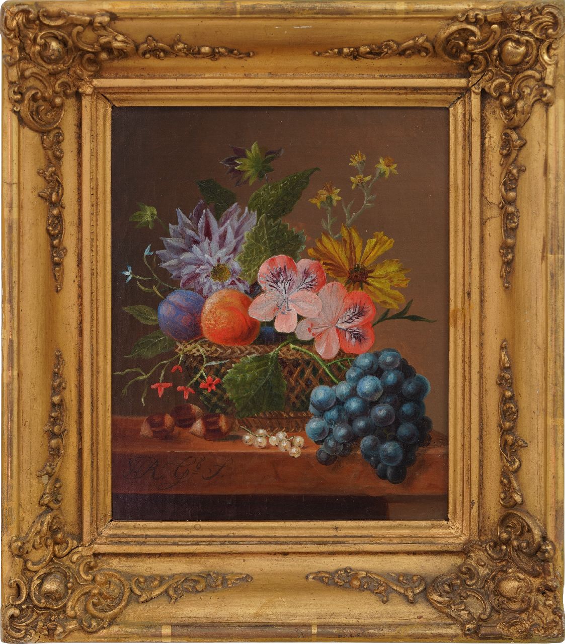 Onbekend   | Onbekend | Schilderijen te koop aangeboden | Stilleven met bloemen en fruit in een mand, olieverf op doek 21,5 x 18,0 cm, gesigneerd linksonder 'H R. geboren S.