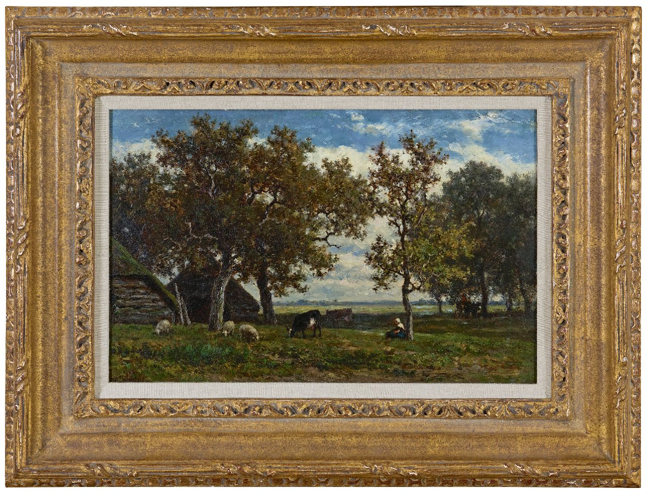 Roelofs W.  | Willem Roelofs | Schilderijen te koop aangeboden | Drents boerenlandschap met herderin, koeien en schapen, olieverf op paneel 23,2 x 36,0 cm, gesigneerd linksonder en te dateren ca. 1861-1867