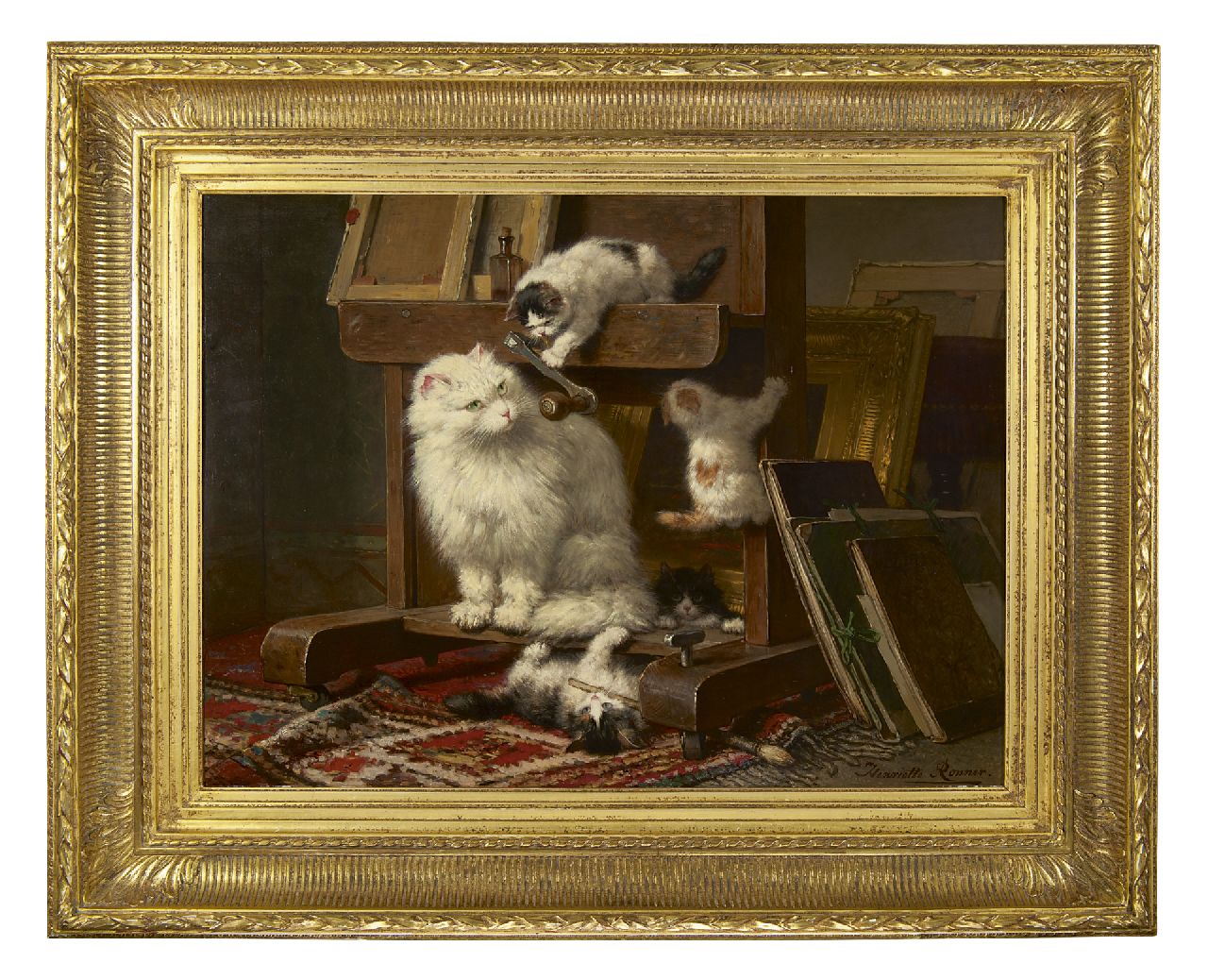 Ronner-Knip H. | Henriette Ronner-Knip, Poezenfamilie in het atelier, olieverf op paneel 54,5 x 72,0 cm, gesigneerd rechtsonder en gedateerd 1878 Ronner-Knip H. | Henriette Ronner-Knip, Poezenfamilie in het atelier, olieverf op paneel 54,5 x 72,0 cm, gesigneerd rechtsonder en gedateerd 1878