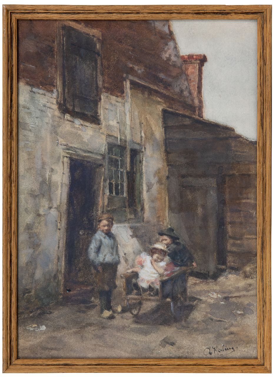 Kerling A.E.  | Anna Elisabeth Kerling | Aquarellen en tekeningen te koop aangeboden | Kinderen spelend met een duwkar, aquarel op papier 38,4 x 27,6 cm, gesigneerd rechtsonder