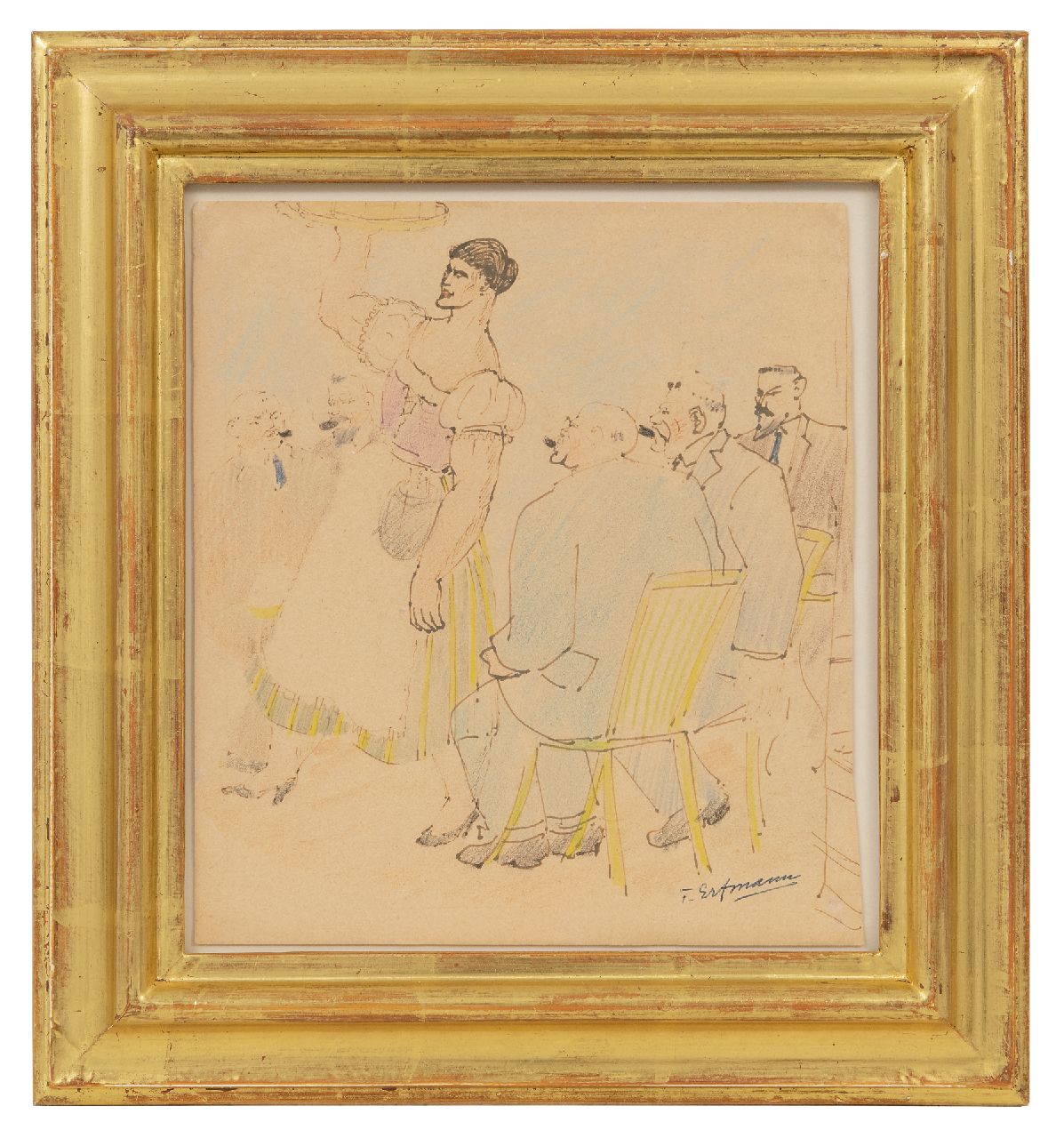 Erfmann F.G. | 'Ferdinand' George Erfmann | Aquarellen en tekeningen te koop aangeboden | De Duitse serveerster, pen, inkt en potlood op papier 21,0 x 18,9 cm, gesigneerd rechtsonder Erfmann F.G. | 'Ferdinand' George Erfmann | Aquarellen en tekeningen te koop aangeboden | De Duitse serveerster, pen, inkt en potlood op papier 21,0 x 18,9 cm, gesigneerd rechtsonder