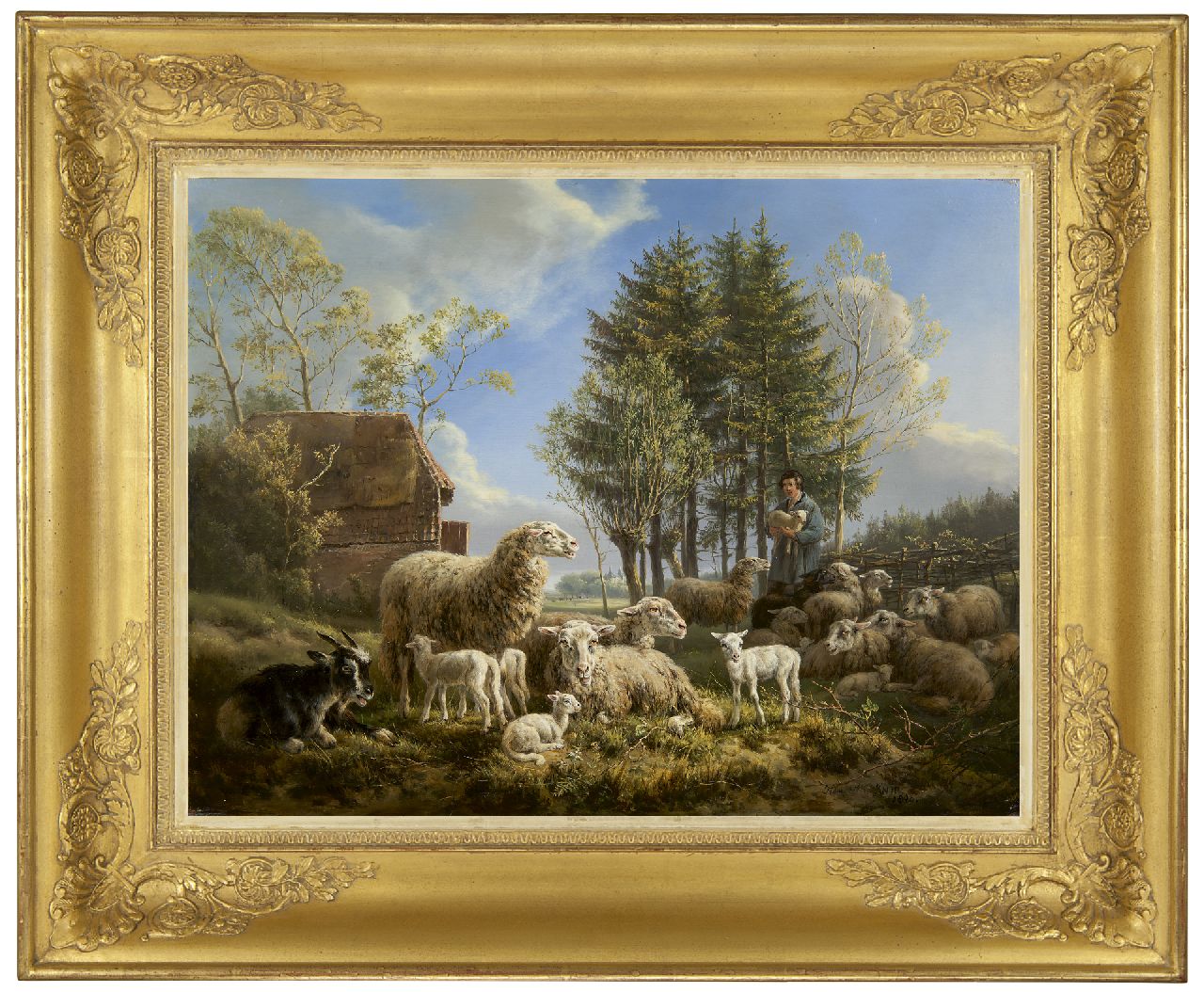 Ronner-Knip H.  | Henriette Ronner-Knip, Schaapherder met kudde, olieverf op paneel 46,3 x 60,1 cm, gesigneerd rechtsonder en gedateerd 1840