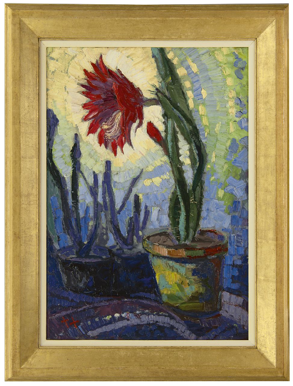 Kruysen J. | Johannes 'Jan' Kruysen, Bloeiende cactus, olieverf op schildersboard 60,8 x 43,0 cm, gesigneerd linksonder met monogram Kruysen J. | Johannes 'Jan' Kruysen, Bloeiende cactus, olieverf op schildersboard 60,8 x 43,0 cm, gesigneerd linksonder met monogram