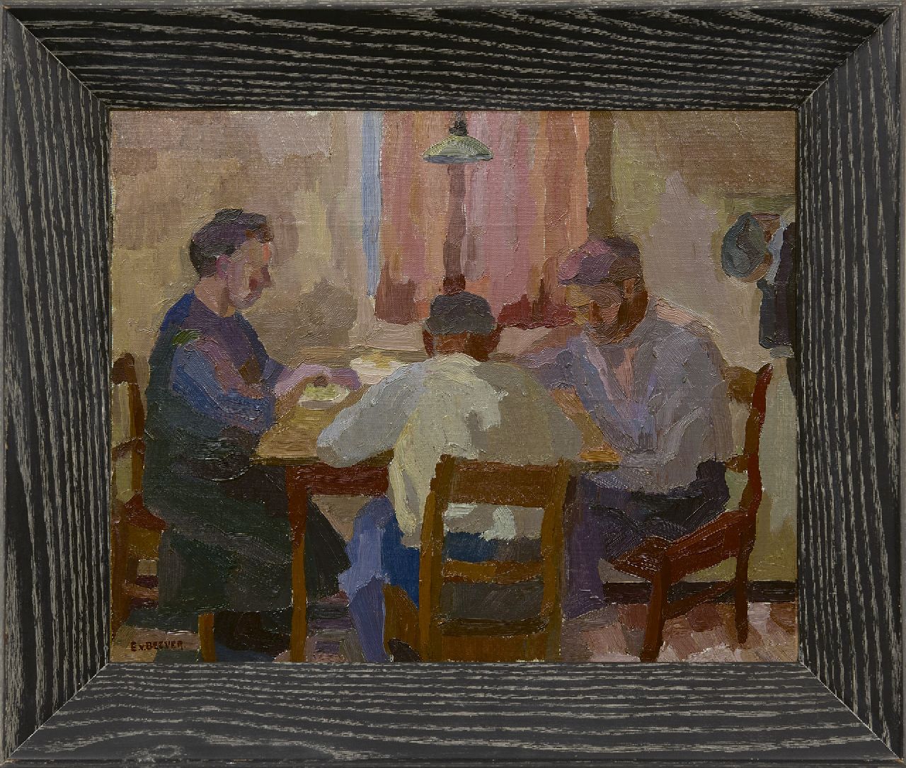 Beever E.S. van | 'Emanuël' Samson van Beever | Schilderijen te koop aangeboden | Avondbezigheden, olieverf op doek op paneel 40,0 x 49,8 cm, gesigneerd linksonder