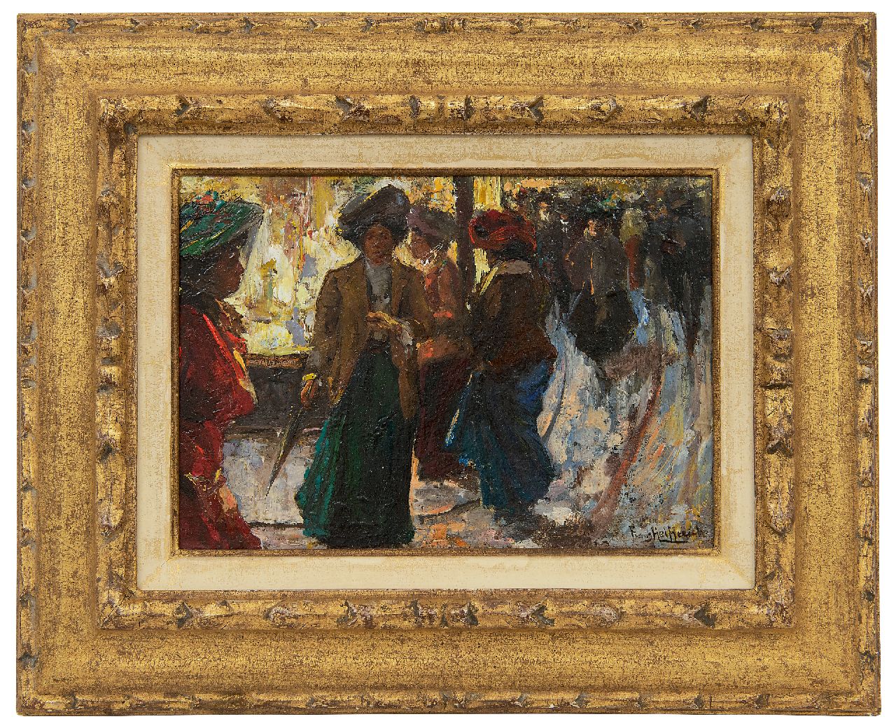 Helfferich F.W.  | Franciscus Willem 'Frans' Helfferich, Haagse winkelstraat bij avond, olieverf op paneel 17,0 x 23,6 cm, gesigneerd rechtsonder