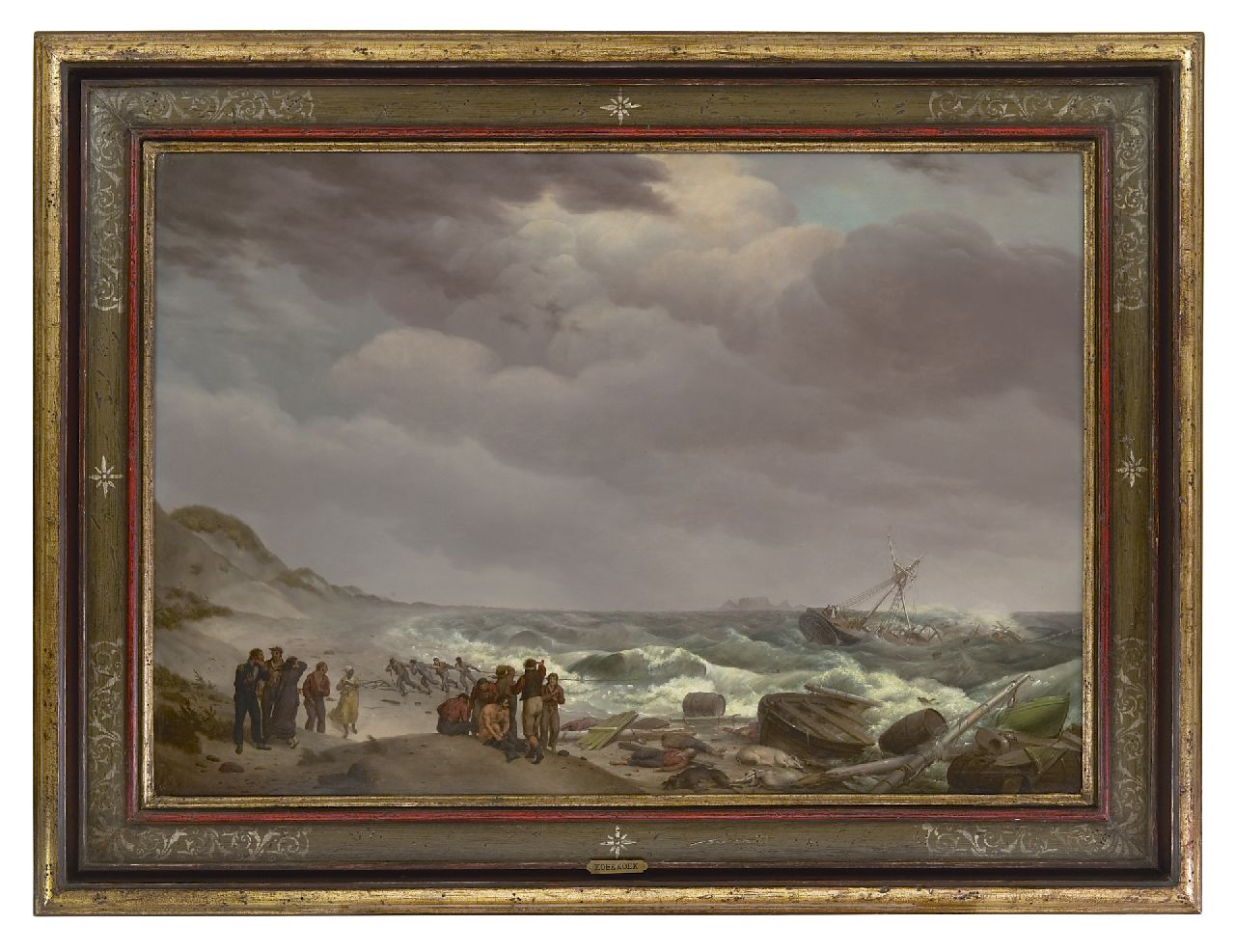 Koekkoek J.H.  | Johannes Hermanus Koekkoek, Schipbreuk bij de Kaapkolonie, Zuid-Afrika, met in de verte de Tafelberg, olieverf op paneel 57,4 x 82,8 cm, gesigneerd rechtsonder en gedateerd 1824 (vaag)