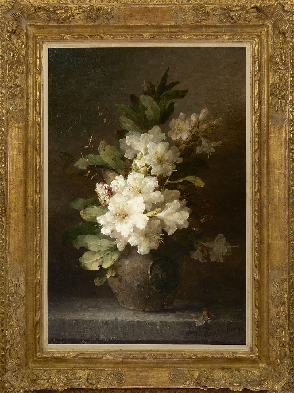 Roosenboom M.C.J.W.H. | 'Margaretha' Cornelia Johanna Wilhelmina Henriëtta Roosenboom, Rododendrontakken in stenen kruik, olieverf op doek 64,8 x 43,5 cm, gesigneerd rechtsonder Roosenboom M.C.J.W.H. | 'Margaretha' Cornelia Johanna Wilhelmina Henriëtta Roosenboom, Rododendrontakken in stenen kruik, olieverf op doek 64,8 x 43,5 cm, gesigneerd rechtsonder