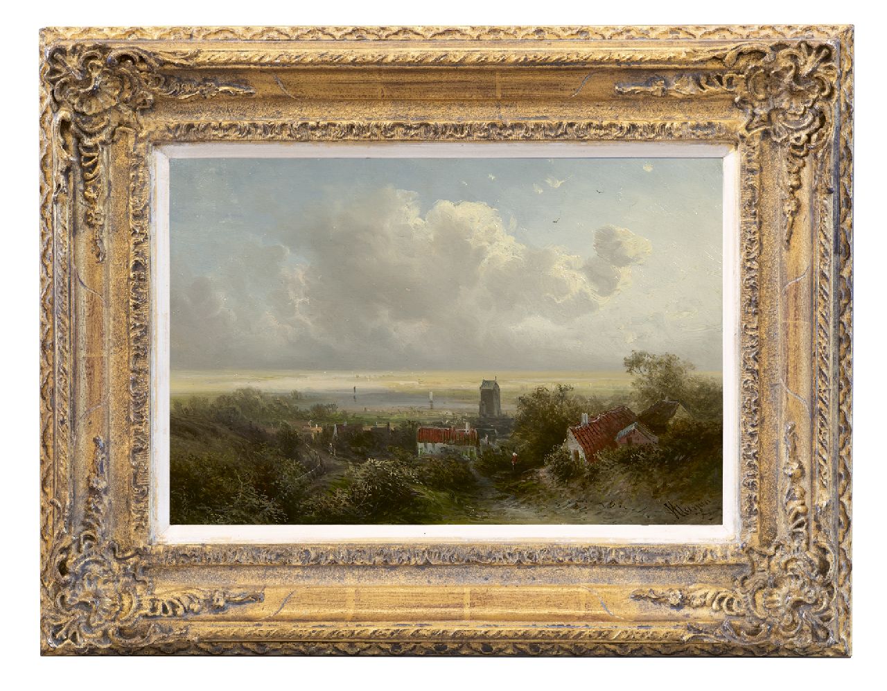 Kluyver P.L.F. | 'Pieter' Lodewijk Francisco Kluyver | Schilderijen te koop aangeboden | Gezicht op een dorp met kerk op een riviervallei, olieverf op paneel 23,7 x 36,0 cm, gesigneerd rechtsonder Kluyver P.L.F. | 'Pieter' Lodewijk Francisco Kluyver | Schilderijen te koop aangeboden | Gezicht op een dorp met kerk op een riviervallei, olieverf op paneel 23,7 x 36,0 cm, gesigneerd rechtsonder