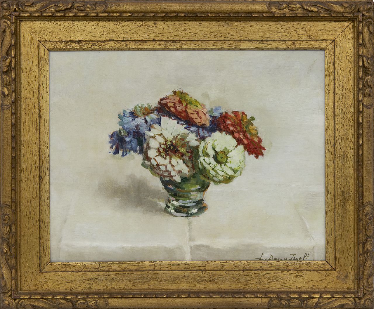 Dam van Isselt L. van | Lucie van Dam van Isselt, Zinnia's, olieverf op paneel 31,9 x 40,2 cm, gesigneerd rechtsonder