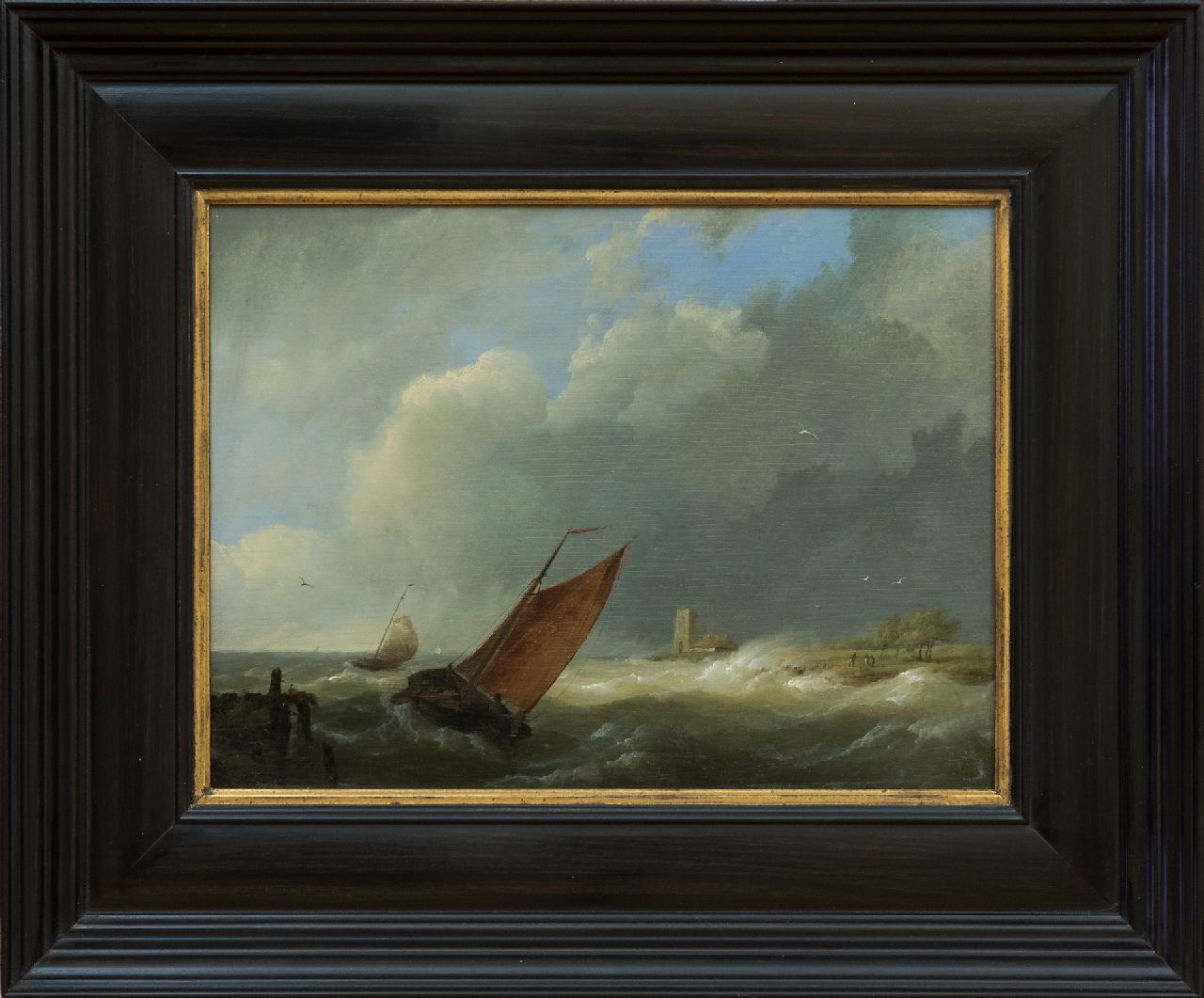 Koekkoek H. | Hermanus Koekkoek, Zeilschepen bij stormachtig weer, olieverf op paneel 18,7 x 24,8 cm, gesigneerd linksonder met initialen Koekkoek H. | Hermanus Koekkoek, Zeilschepen bij stormachtig weer, olieverf op paneel 18,7 x 24,8 cm, gesigneerd linksonder met initialen