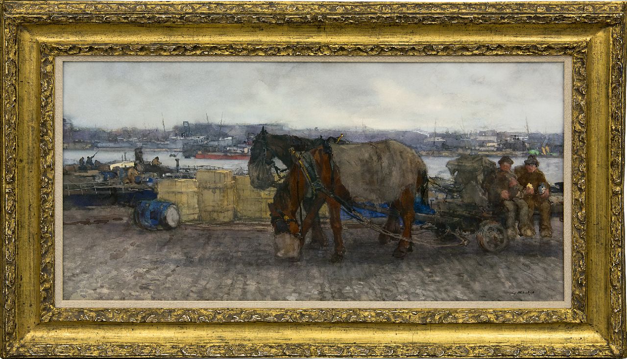 Mastenbroek J.H. van | Johan Hendrik van Mastenbroek, Schafttijd in de haven van Rotterdam, aquarel op papier 46,5 x 91,0 cm, gesigneerd rechtsonder en gedateerd 1903 Mastenbroek J.H. van | Johan Hendrik van Mastenbroek, Schafttijd in de haven van Rotterdam, aquarel op papier 46,5 x 91,0 cm, gesigneerd rechtsonder en gedateerd 1903