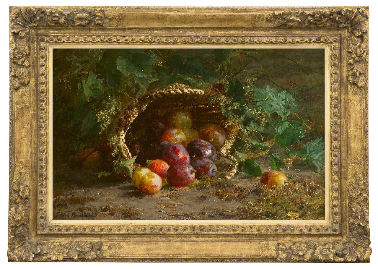 Sande Bakhuyzen G.J. van de | 'Gerardine' Jacoba van de Sande Bakhuyzen | Schilderijen te koop aangeboden | Omgevallen mand met pruimen en wingerd op de bosgrond, olieverf op doek 39,4 x 61,8 cm, gesigneerd linksonder Sande Bakhuyzen G.J. van de | 'Gerardine' Jacoba van de Sande Bakhuyzen | Schilderijen te koop aangeboden | Omgevallen mand met pruimen en wingerd op de bosgrond, olieverf op doek 39,4 x 61,8 cm, gesigneerd linksonder