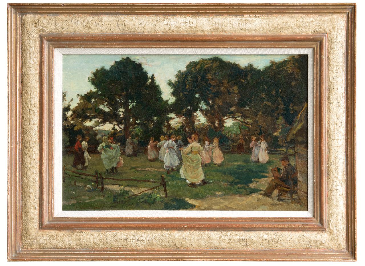 Akkeringa J.E.H. | 'Johannes Evert' Hendrik Akkeringa, Meidans (Wolfheze), olieverf op paneel 29,4 x 46,7 cm, gesigneerd linksonder en te dateren ca. 1906 Akkeringa J.E.H. | 'Johannes Evert' Hendrik Akkeringa, Meidans (Wolfheze), olieverf op paneel 29,4 x 46,7 cm, gesigneerd linksonder en te dateren ca. 1906