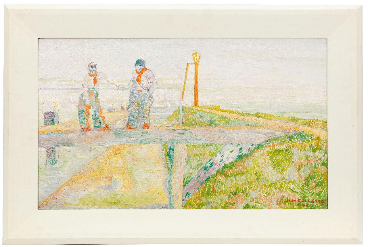 Collette J.N.C. | Johan Nicolaas Coenraad 'Joan' Collette | Schilderijen te koop aangeboden | Vissers op de dijk, olieverf op board 45,7 x 76,6 cm, gesigneerd rechtsonder en gedateerd 1914 Collette J.N.C. | Johan Nicolaas Coenraad 'Joan' Collette | Schilderijen te koop aangeboden | Vissers op de dijk, olieverf op board 45,7 x 76,6 cm, gesigneerd rechtsonder en gedateerd 1914