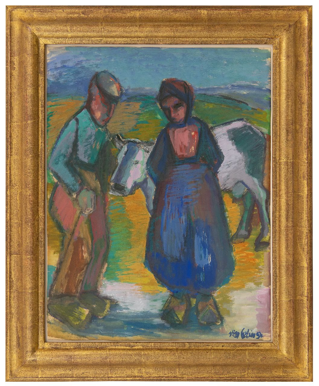 Eelsingh C. | Christiana 'Stien' Eelsingh, Boerenechtpaar met koe, gouache op papier 63,0 x 48,3 cm, gesigneerd rechtsonder en te dateren 1950-1955 Eelsingh C. | Christiana 'Stien' Eelsingh, Boerenechtpaar met koe, gouache op papier 63,0 x 48,3 cm, gesigneerd rechtsonder en te dateren 1950-1955