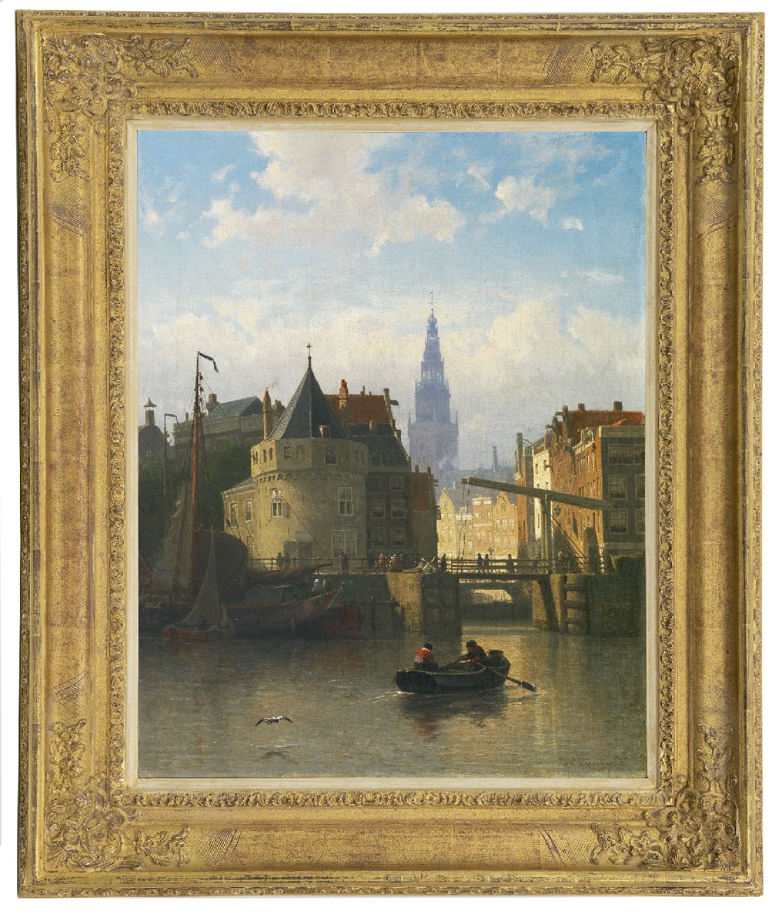 Greive J.C.  | Johan Conrad 'Coen' Greive, Gezicht op de IJkant, Amsterdam, met de Schreierstoren, olieverf op doek 58,9 x 46,8 cm, gesigneerd rechtsonder