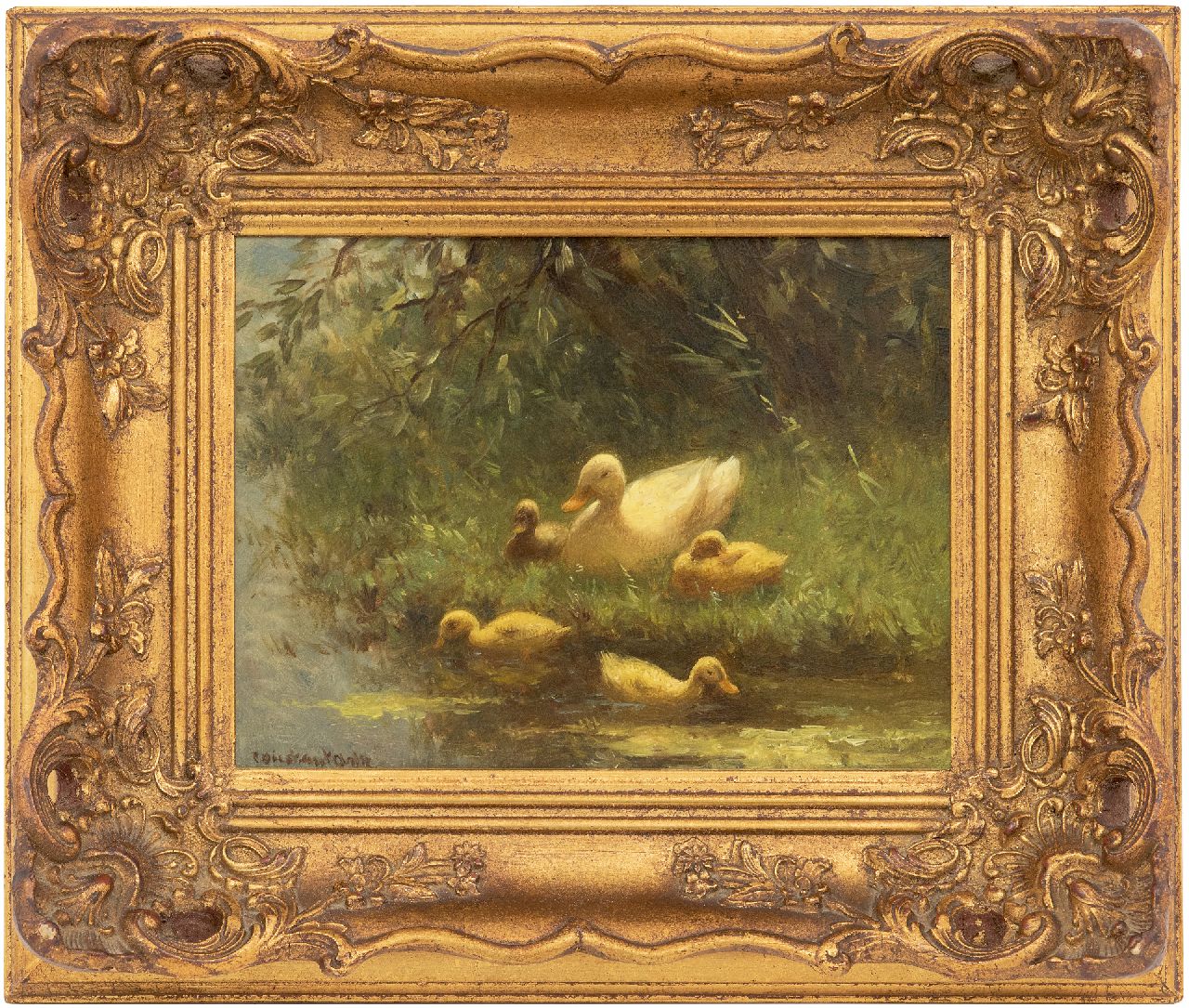 Artz C.D.L.  | 'Constant' David Ludovic Artz, Moedereend met kuikens aan de waterkant, olieverf op paneel 17,8 x 24,1 cm, gesigneerd linksonder