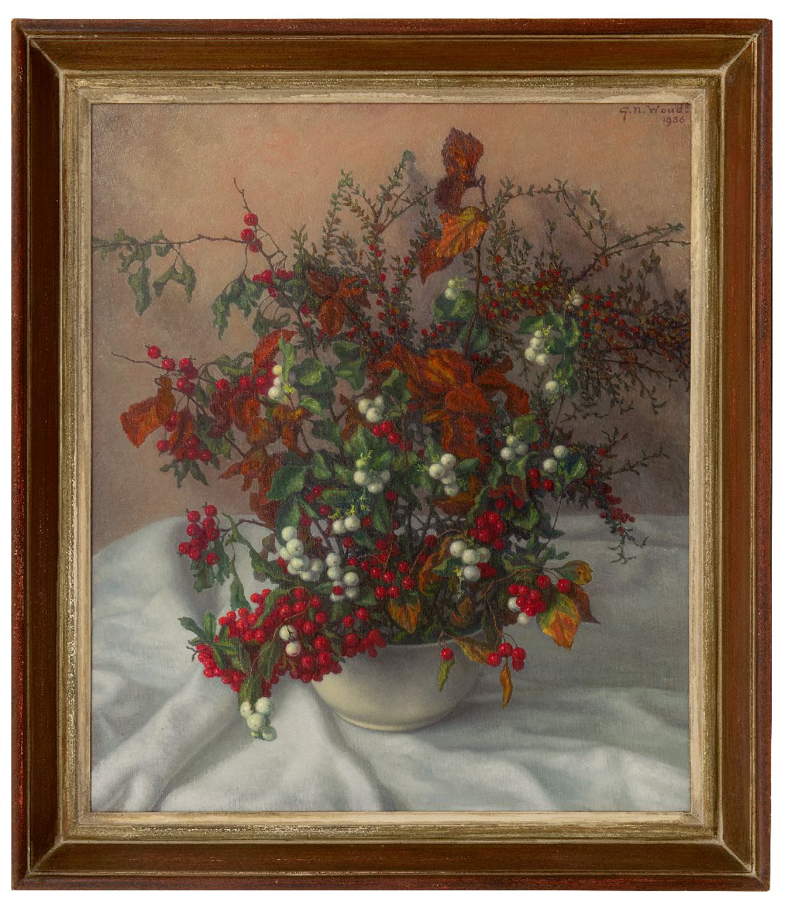 Woudt G.N.  | 'Gerrit' Nicolaas Woudt | Schilderijen te koop aangeboden | Stilleven met bessen, olieverf op doek 65,2 x 55,4 cm, gesigneerd rechtsboven en gedateerd 1956
