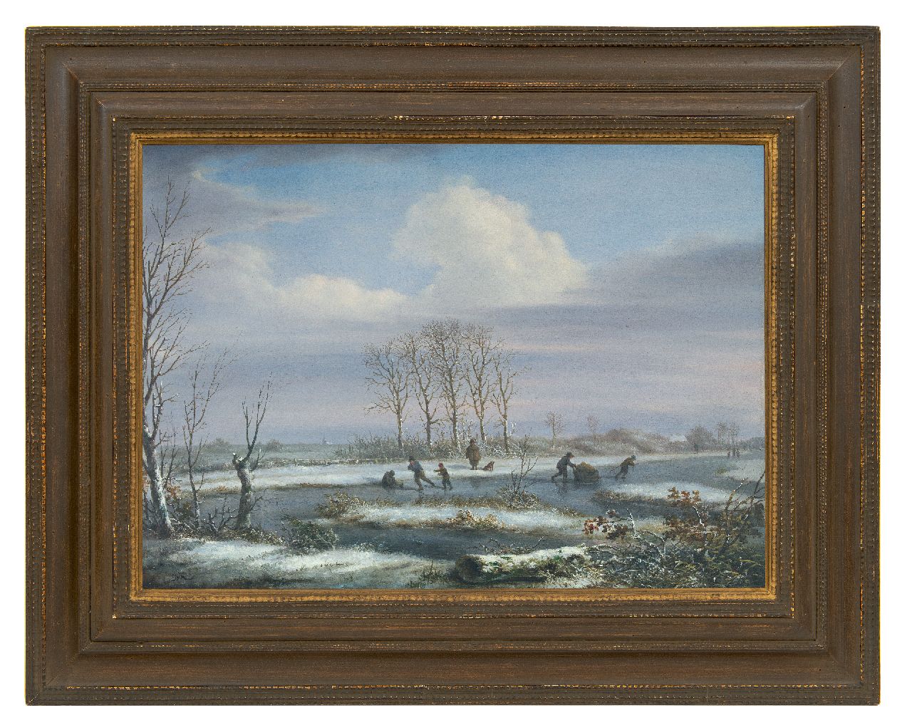Kouwenhoven J. van | Jacob van Kouwenhoven, Winterlandschap met schaatsers, olieverf op paneel 31,0 x 43,6 cm, gesigneerd linksonder met initialen Kouwenhoven J. van | Jacob van Kouwenhoven, Winterlandschap met schaatsers, olieverf op paneel 31,0 x 43,6 cm, gesigneerd linksonder met initialen